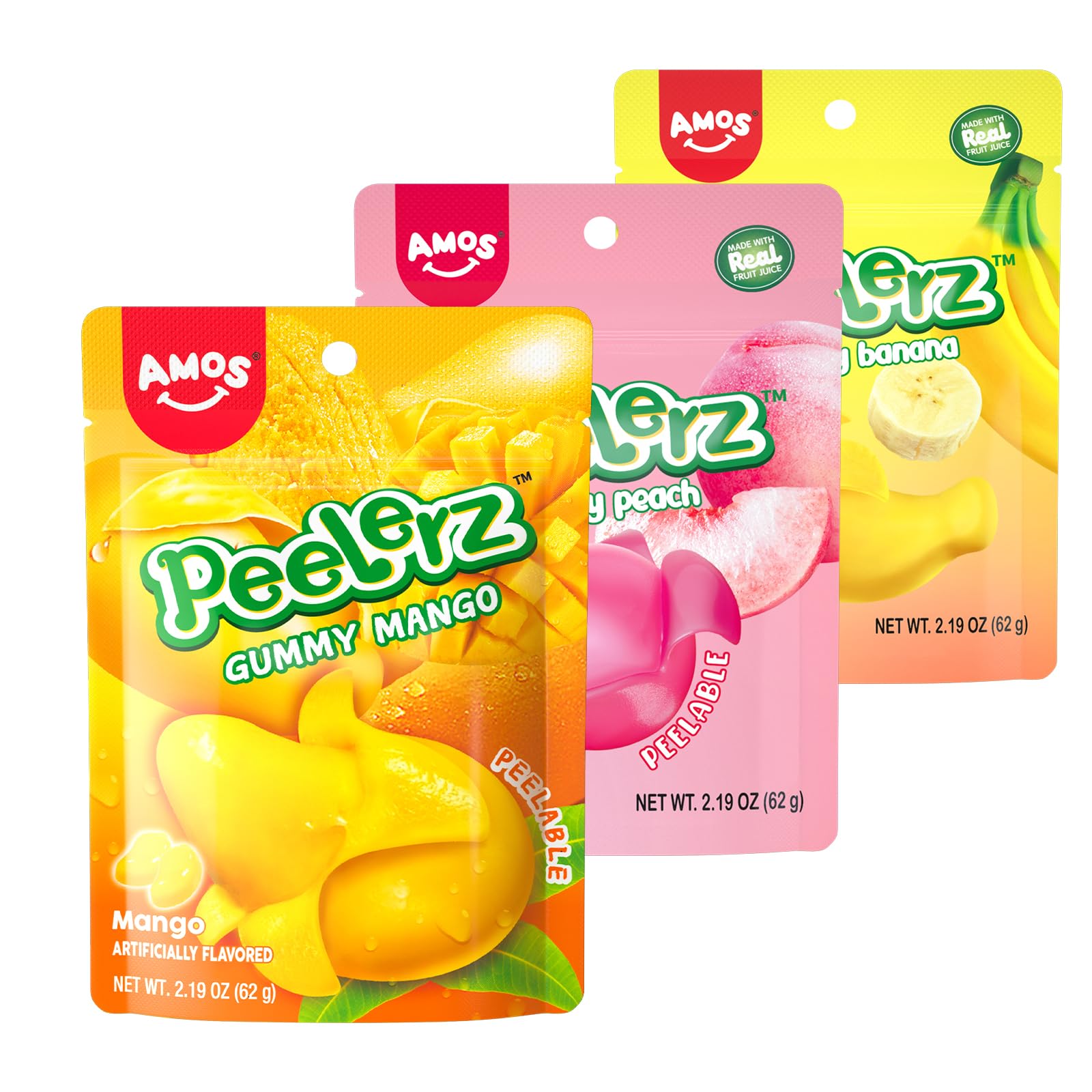 AMOS Peelerz Gummy Variety Pack - 5 Individual Packs, Peelable Fruity Gummies in Mango, Orange, Peach, Grape, and Banana Flavors