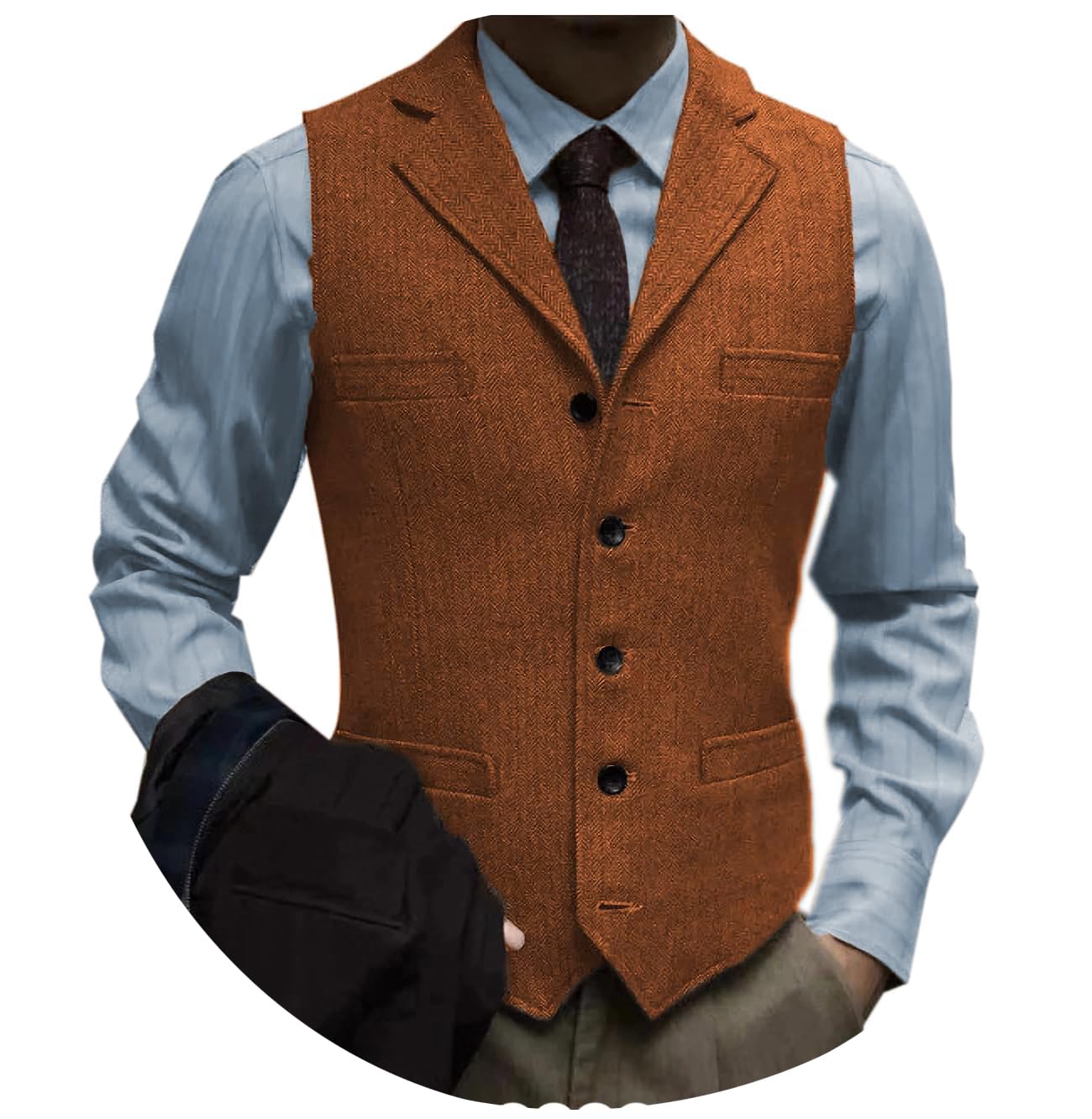 Tuikayoo Men's Tweed Suit Vintage Vest Herringbone Wool Prom Waistcoat Groomsmen, Orange, Medium