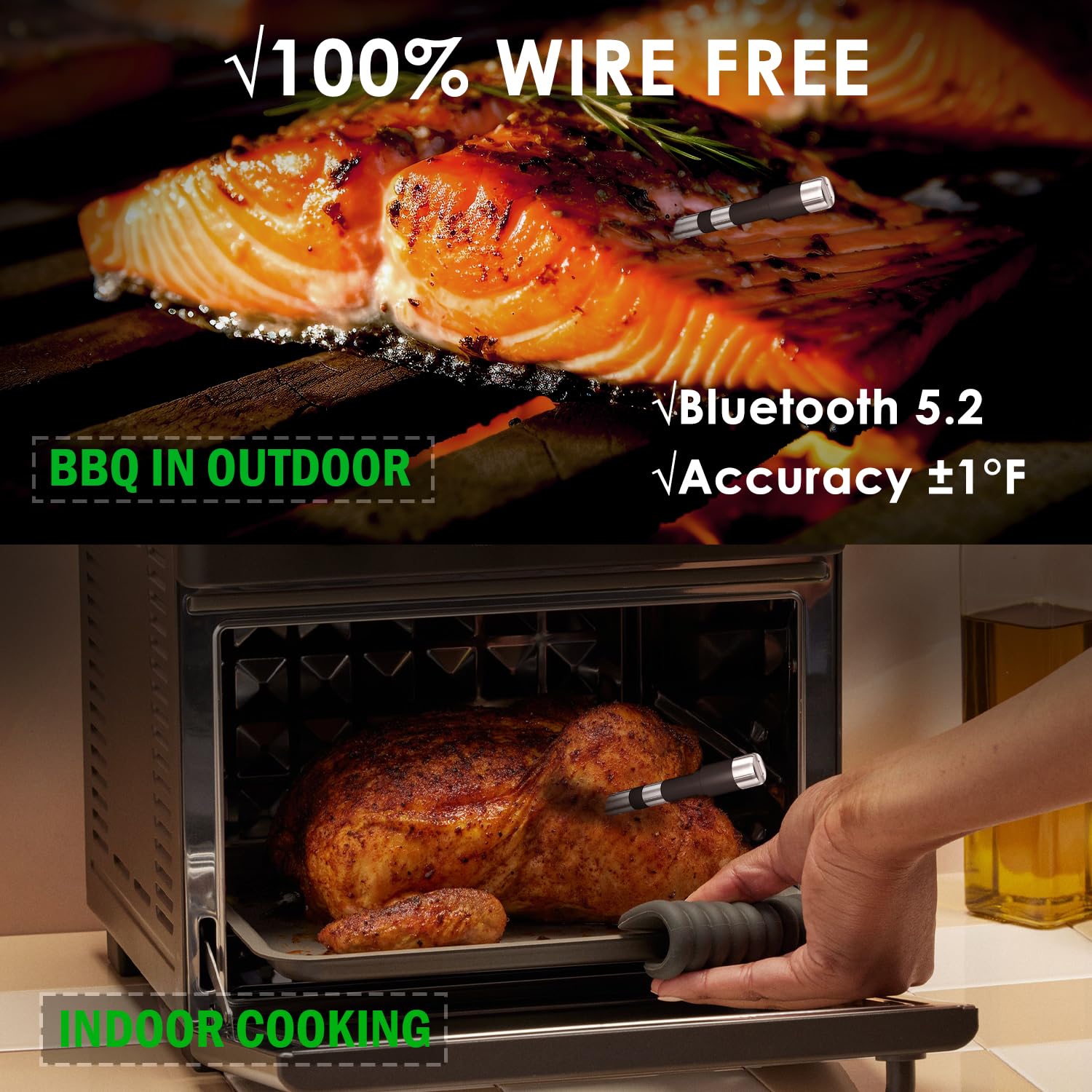 Wireless Meat Thermometer, 800Ft Bluetooth Thermometer for Turkey Beef Lamb, Meat Thermometer Digital Wireless for Rotisserie Sous Vide BBQ Oven Smoker Cooking Thermometer