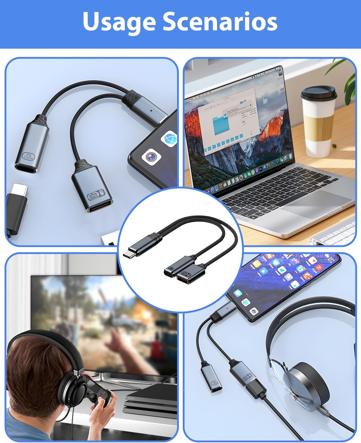 USB C to USB OTG Cable and Charger Adapter, 2-in-1 USB-C Splitter | 100W PD Fast Charging, Type C to Headphone Jack and Charger, Compatible with iPhone 16/15, iPad, MacBook, More USBC Devices