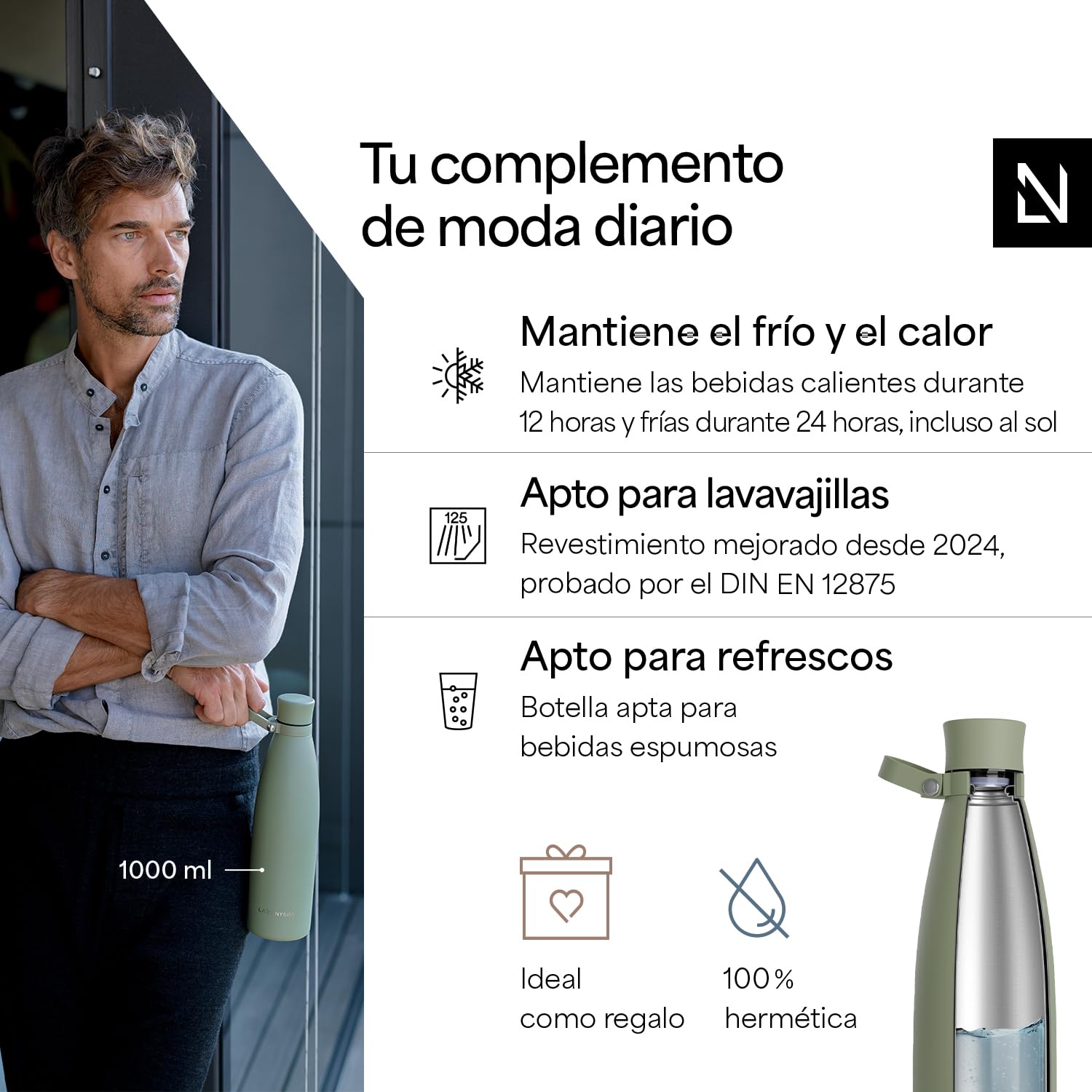 LARS NYSØM Botella de Acero Inoxidable | Botella aislada 0,75l | Cantimplora de 0,75 litro a prueba de fugas para deportes, bicicleta, perro (Sage Green, 750ml)