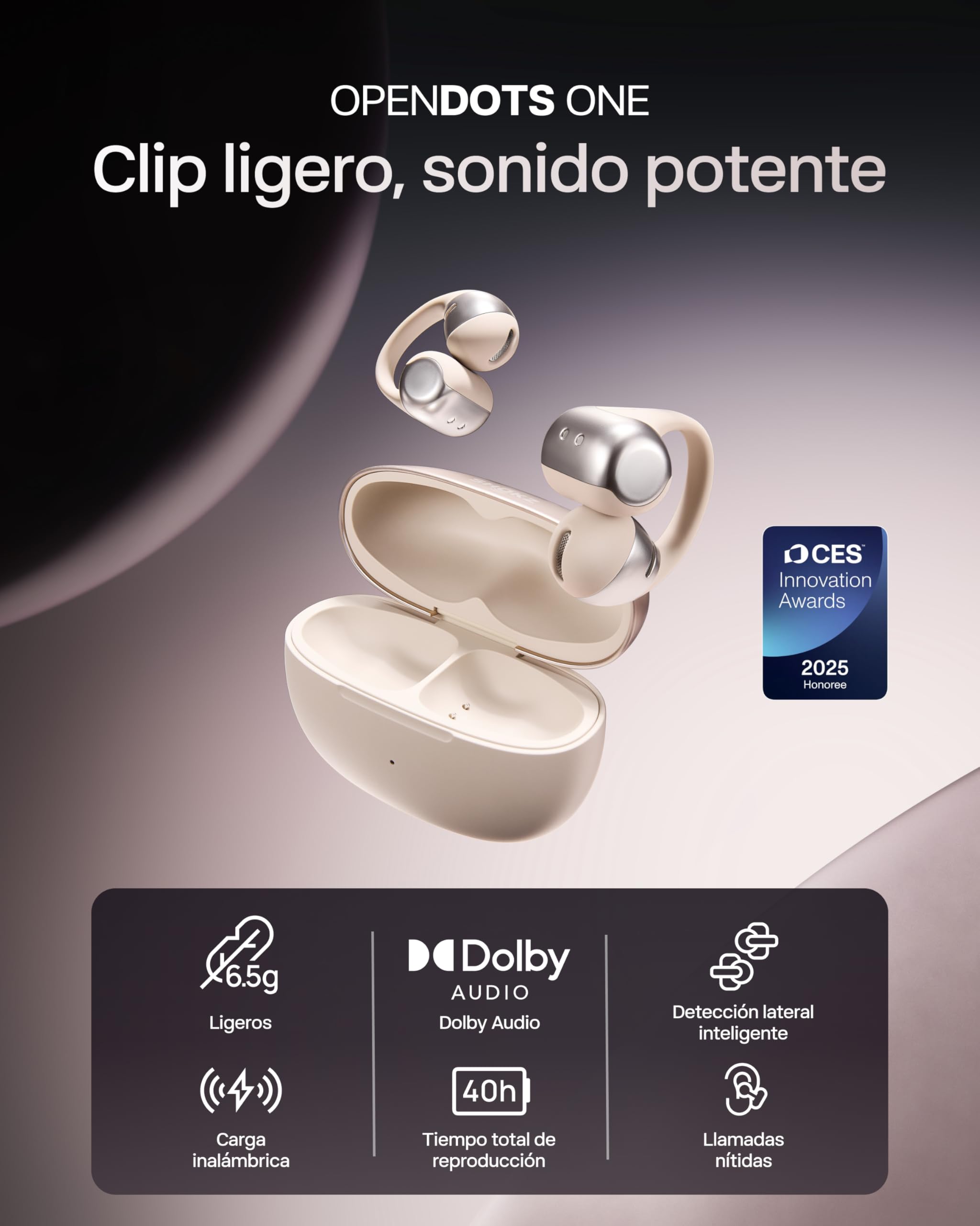 SHOKZ OpenDots One Auriculares Open-Ear Clip-on, Bluetooth 5.4, 6,5g, Gris | Dolby Audio Premium|4 Mics. con Cancelación Ruido|Ligeros 6,5g|40H de Batería|con Paño de Limpieza|Deportivos|Oído Abierto