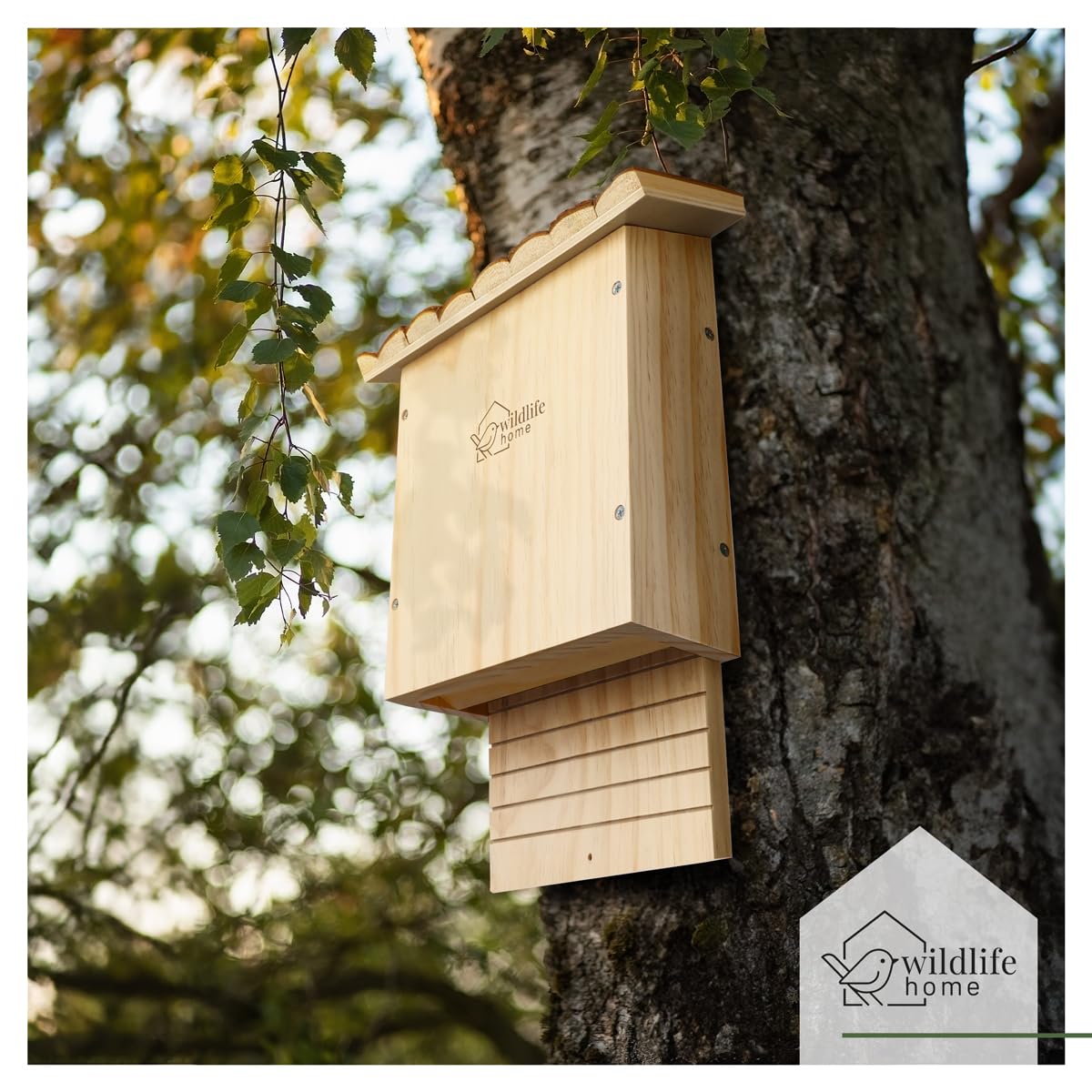WILDLIFE HOME NABU - Caja para murciélagos pesada grande con tejado de corteza (montado y 100% resistente a la intemperie, atornillado, casa de murciélagos y nido, para verano e invierno)
