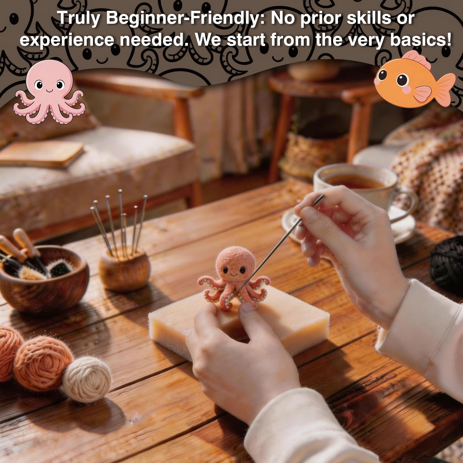 DIY Needle Felting Kit Cute Pink Octopus – Needle Felting Starter Kit with Fiber Roving, Needles, Felting Pad & Instructions | Felted Ocean Animal Kit for Beginners Adults | DIY Craft Gift