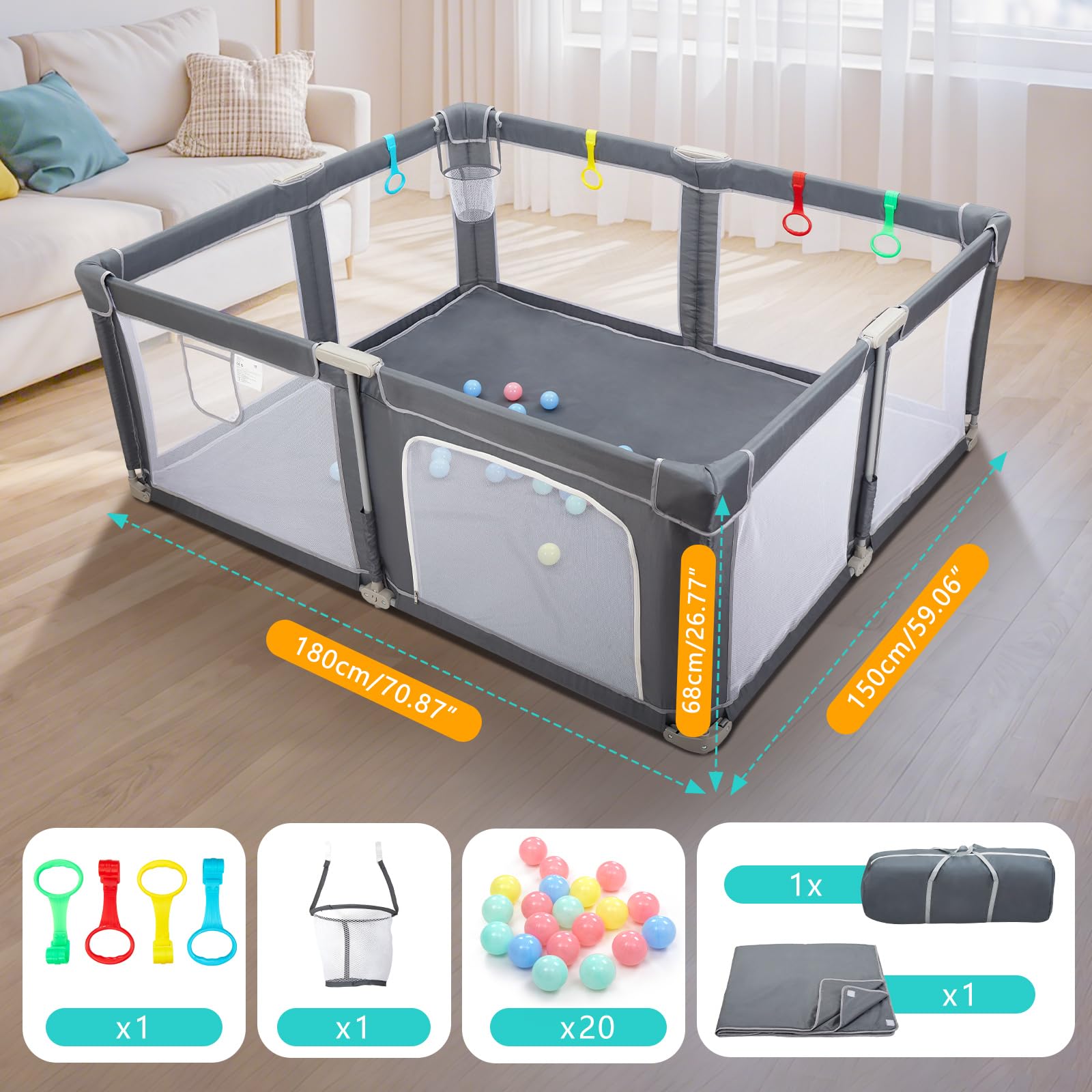 CHOLY Parc pliable pour bébé 180 x 150 cm avec tapis, parc pour bébés et tout-petits, aire de jeux portable avec balles océaniques et 4 poignées, clôture pour enfants à montage rapide avec sac de
