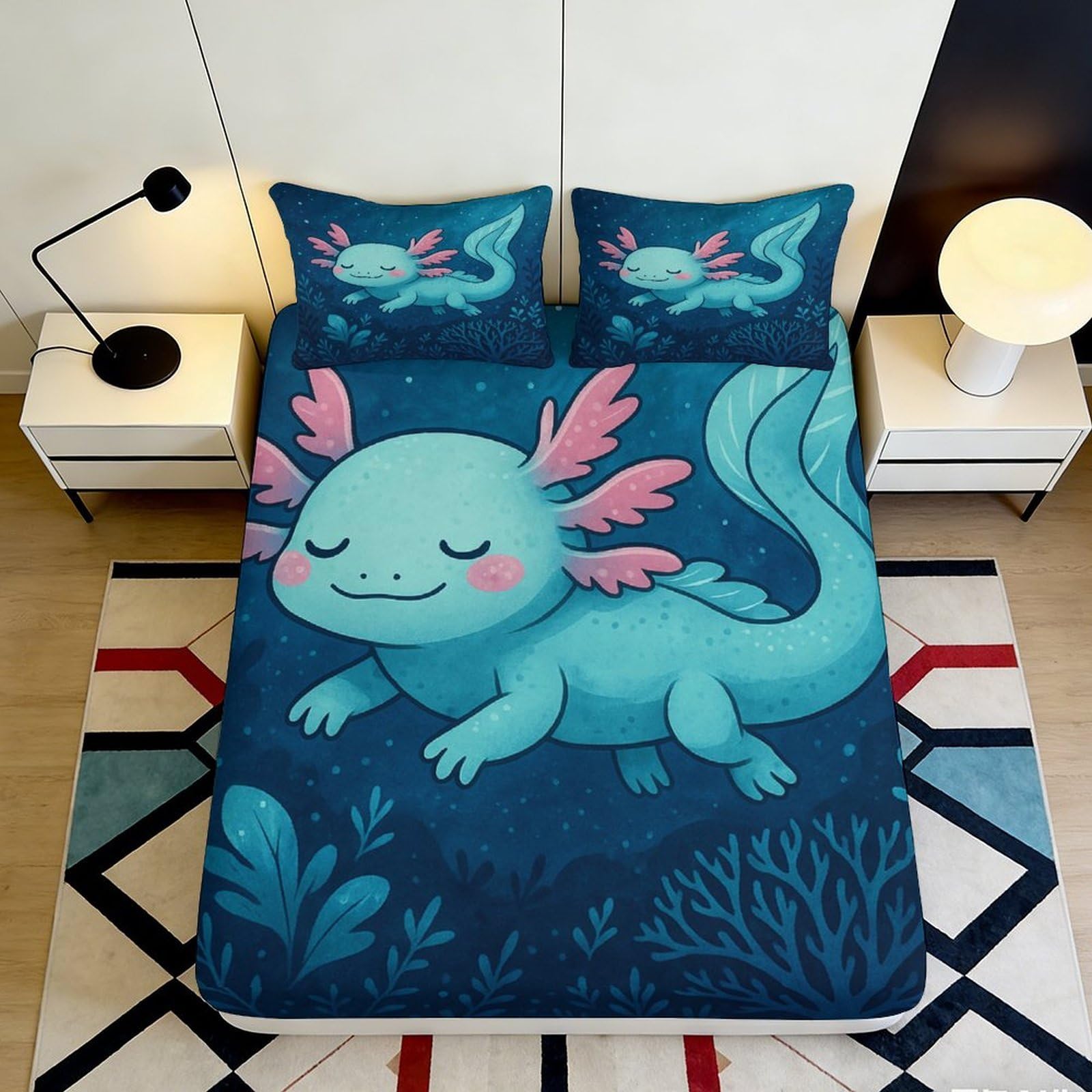 3D Printed Cute Axolotl Fitted Sheet Microfiber Blue Cartoon Animal Mattress Cover for Bedroom Guest Room Decor 90x200x25cm