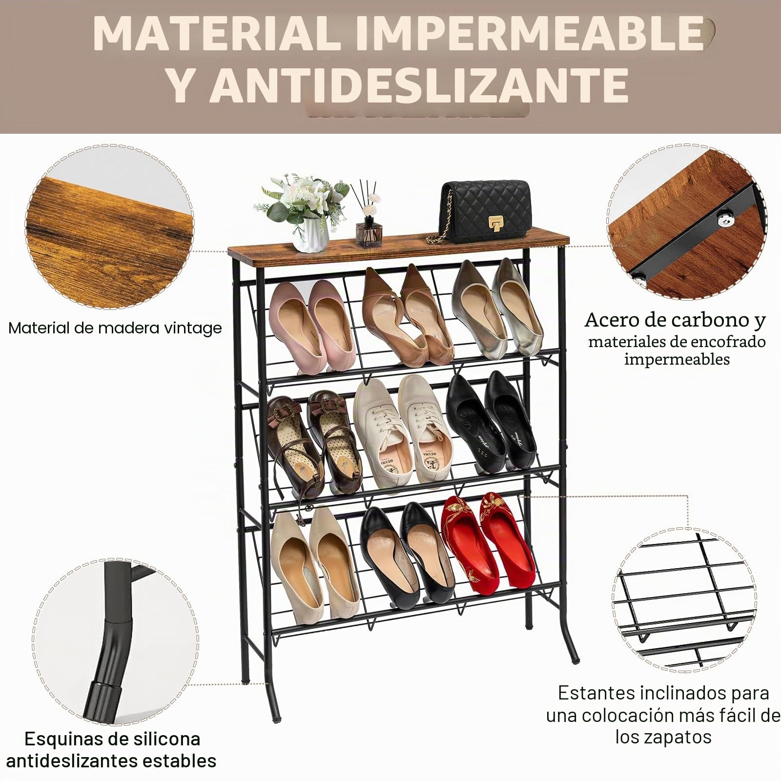 Zapatero de metal estrecho con 4 niveles, apilable, pequeño zapatero, organizador para 12-16 pares de zapatos, estante para zapatos para entrada, pasillo, salón, dormitorio