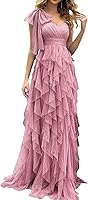 VOUIAO Women's One Shoulder Tulle Prom Dress with Bow Slit Maxi Evening Gown for Wedding Bridesmaid Party
