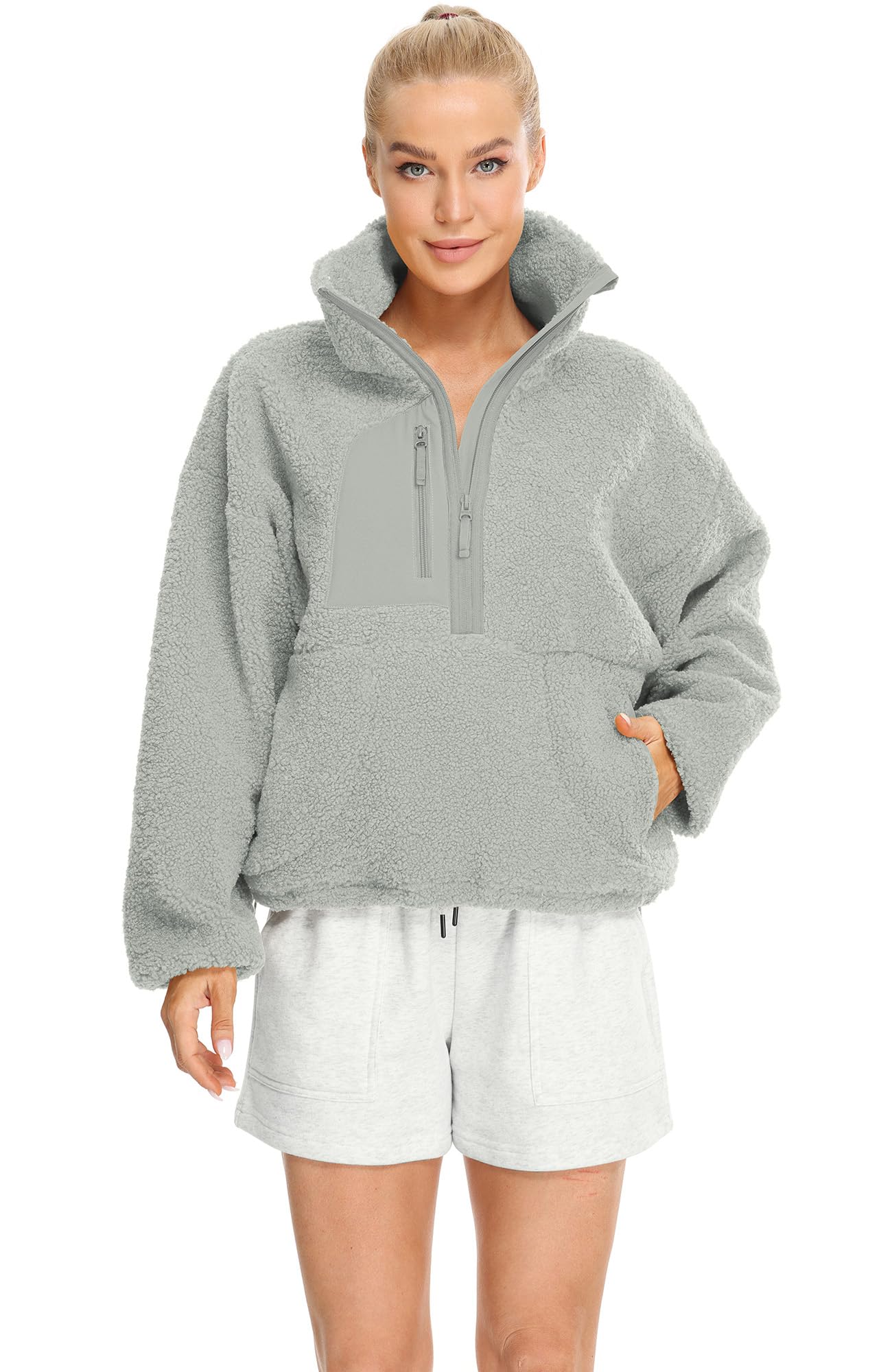 icyzone Sudadera de forro polar para mujer, con bolsillos y cordón