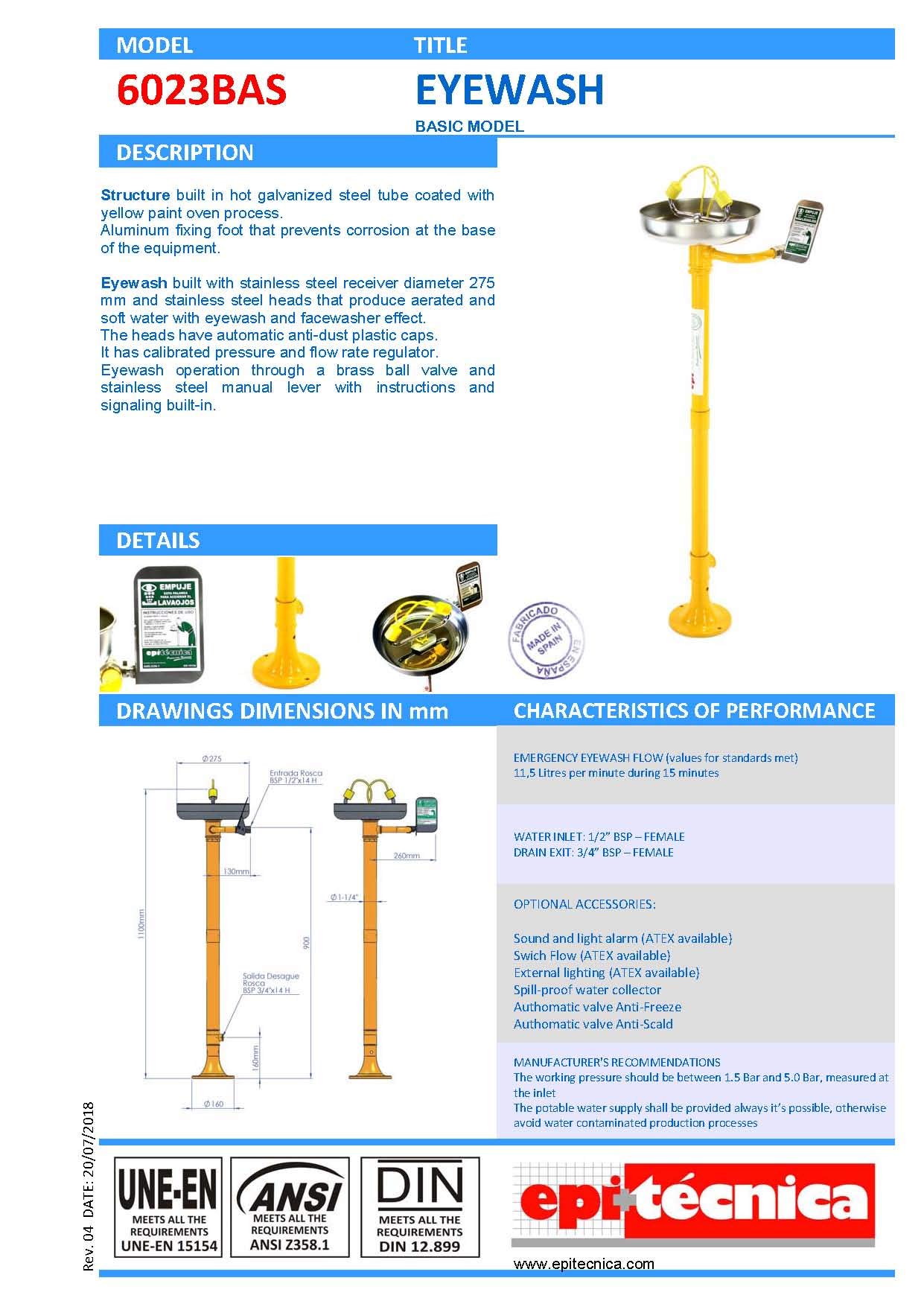 Lavaojos de pedestal con fijación al suelo, homologado Mod. 6023BAS EPITECNICA