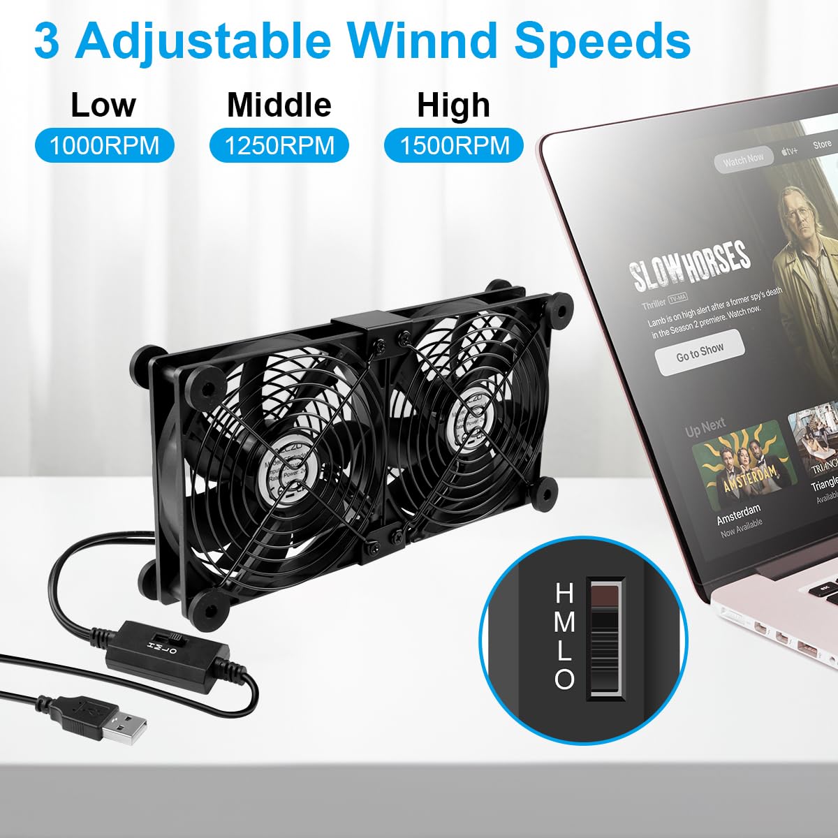 ELZO Ventilateur PC USB 120 mm double rangée 2 en 1, ventilateur d'ordinateur portable avec 3 vitesses réglables, ventilateur de refroidissement électronique avec 8 absorbeurs de chocs