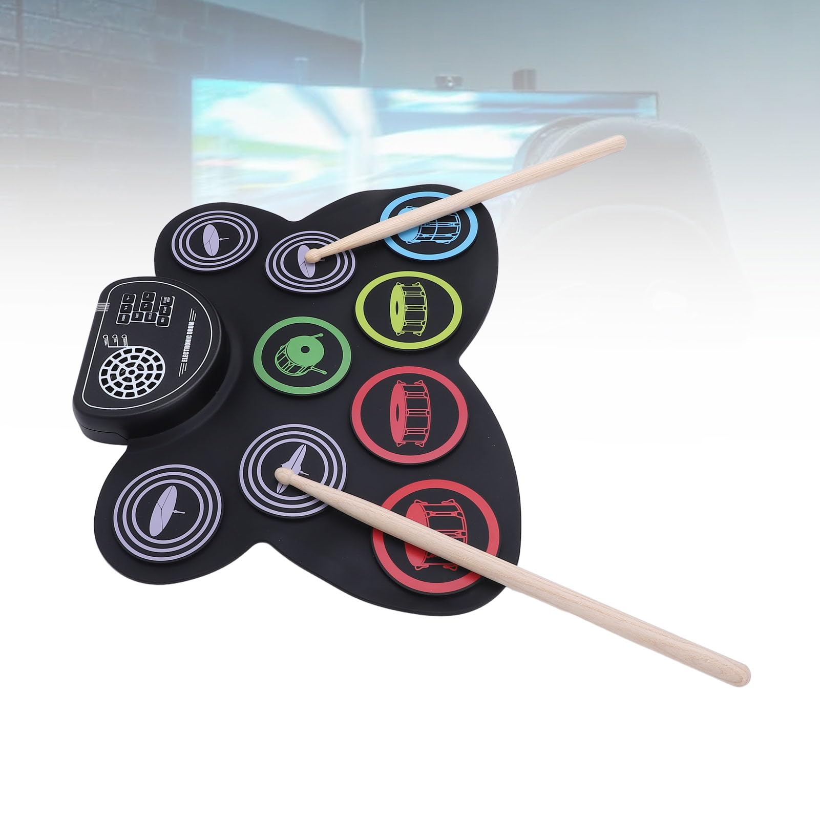Elektronischer Drum -Set, 9 Drum -Übungskissen, wiederaufladbare tragbare Roll -Up -Drum -Pad -Kit mit Pedalen Drumsticks Dual Lautsprecher Drum Percussion Instrumente