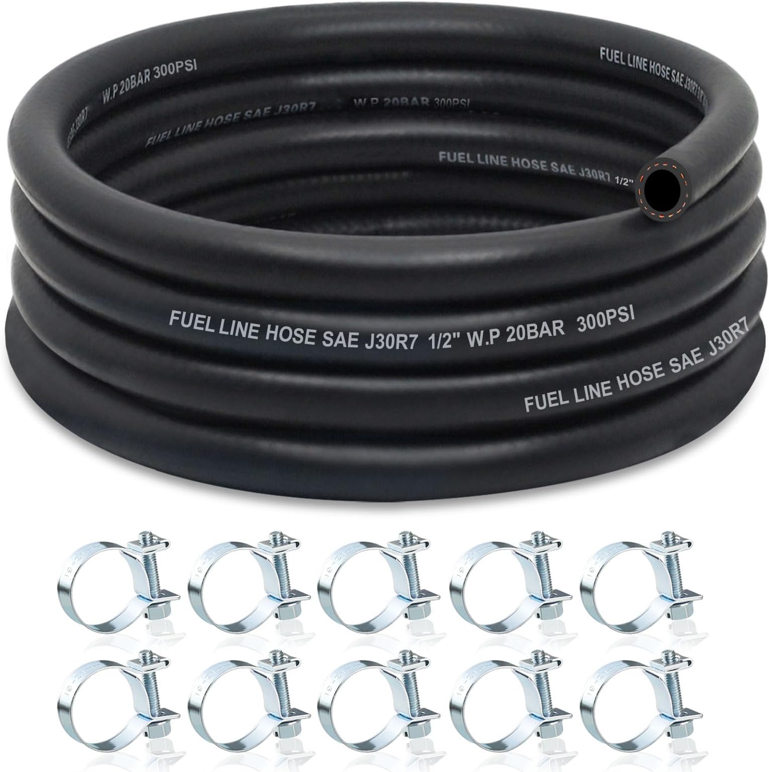 1/2 Fuel Line, NBR Rubber 1/2 Fuel Hose Nylon Braided with Hose Clamps, Fuel Line Hose for Automotive Vehicles(10FT)