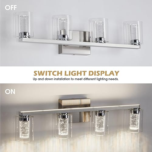 Miniatura 5 de Lámparas de baño, 4 luces de tocador de baño de níquel cepillado, luces LED regulables sobre el espejo, modernas luces de tocador de cristal para