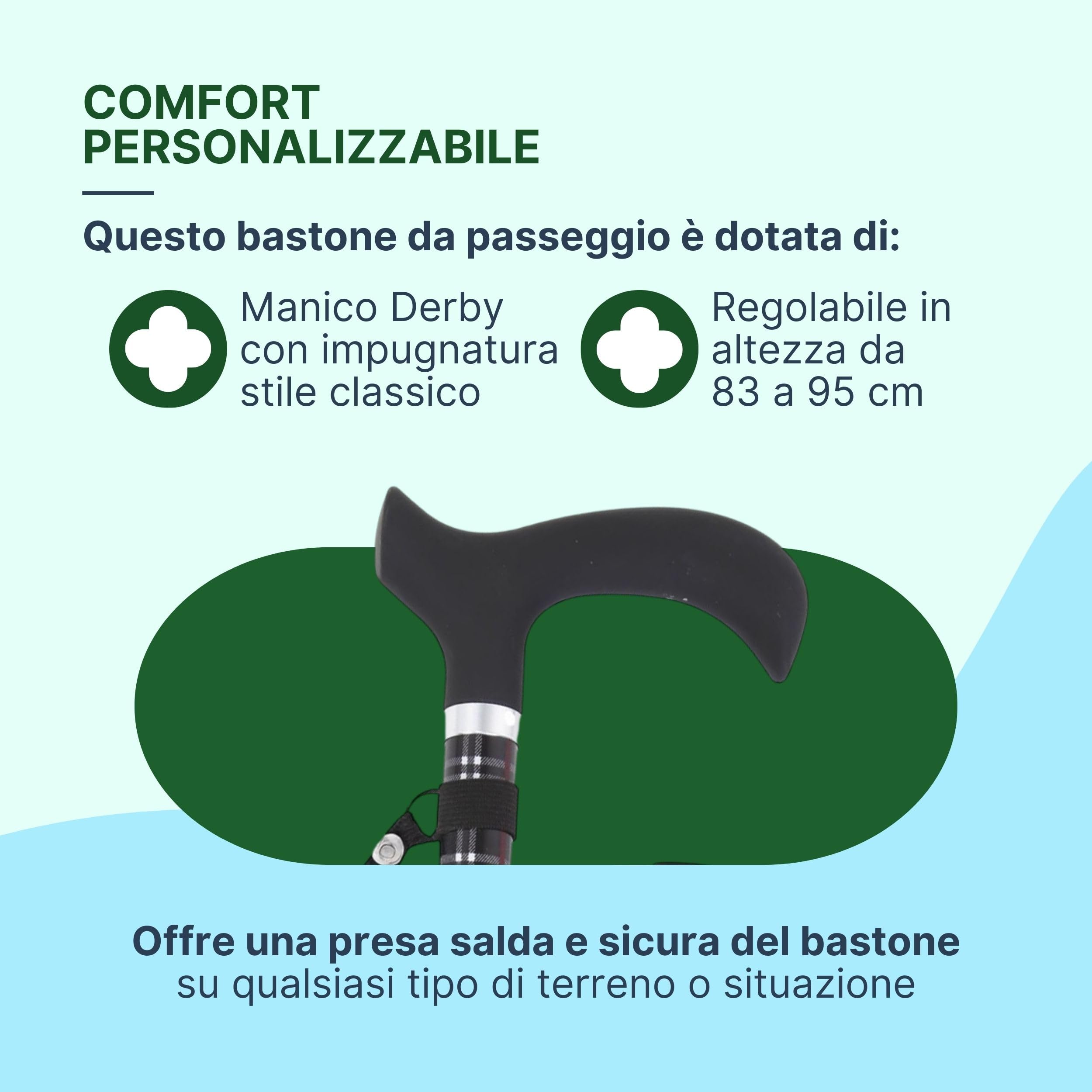 Bastone per Anziani Pieghevole in Alluminio Anodizzato con Impugnatura Derby Morbida, Bastone da Passeggio Regolabile H. 83-95 cm