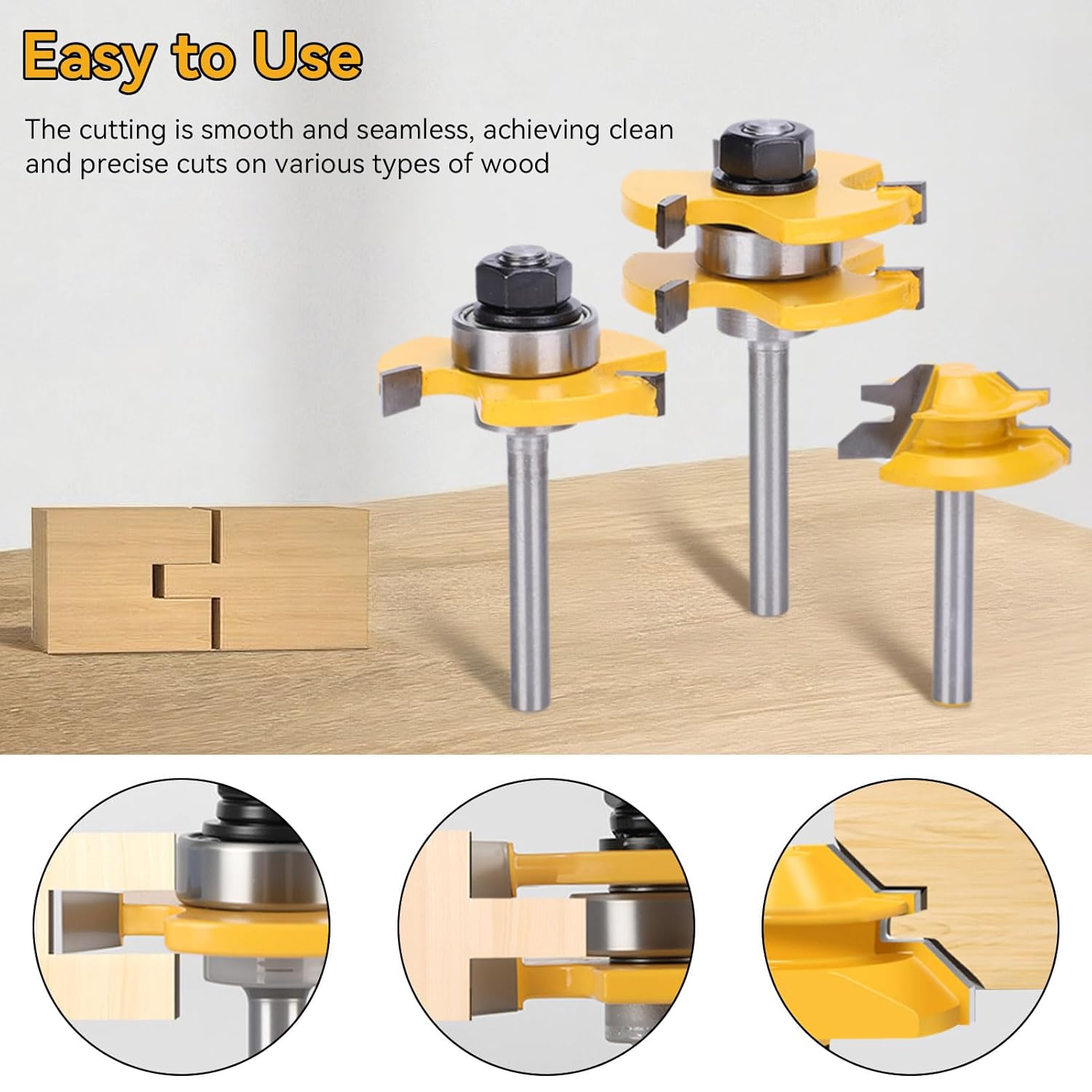 3PCS Router Bit Set, Tongue and Groove Router Bit Set 3 Teeth T Shape 1/4 Shank Lock Miter Adjustable T-Shape Wood Milling Cutter for Cabinets, Flooring, and Woodworking