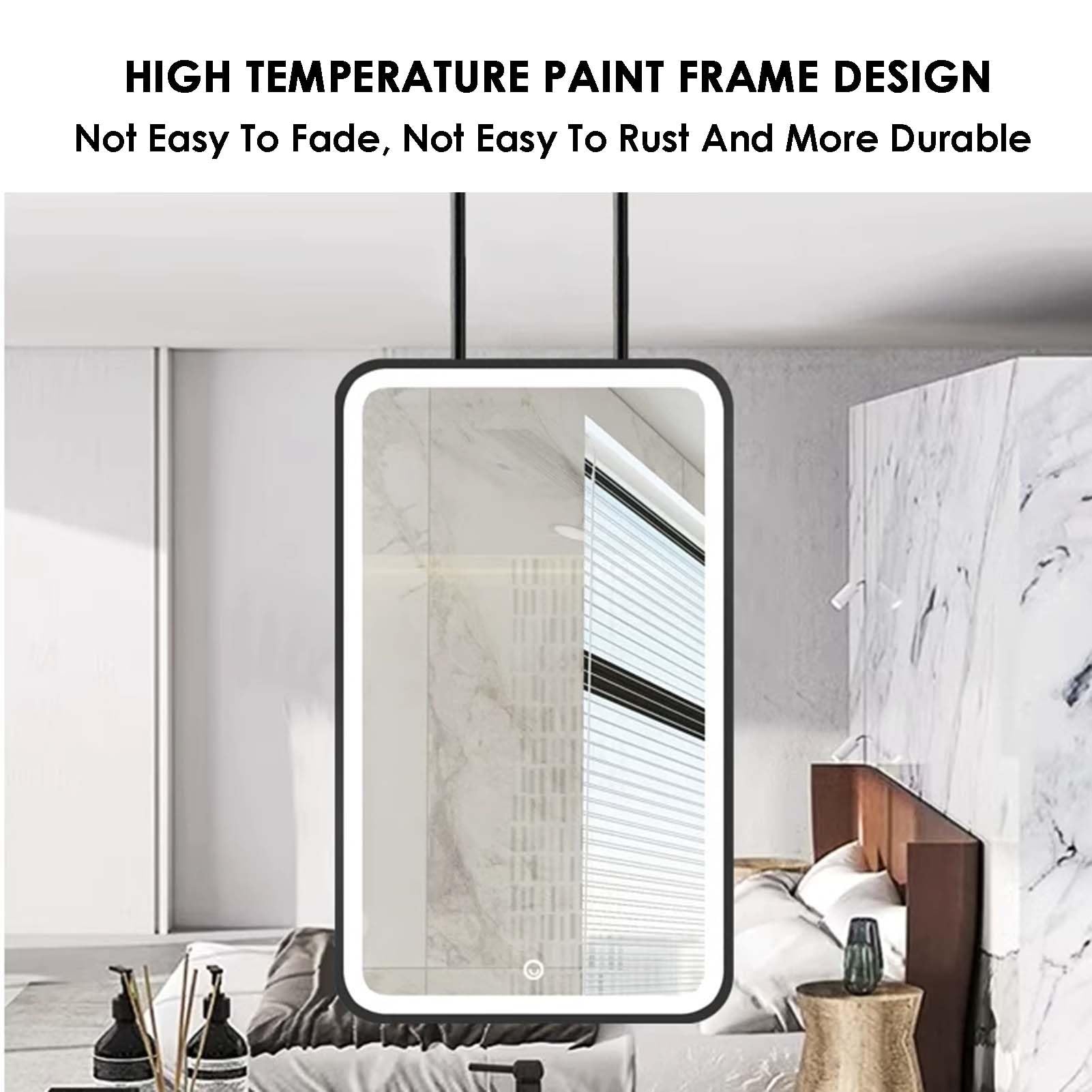 Espejo de techo con luz LED, rectangular, flotante, montado en la pared, espejo de maquillaje HD con brillo ajustable, acabado dorado, 50 x 70 cm, perfecto para pasillo y armario