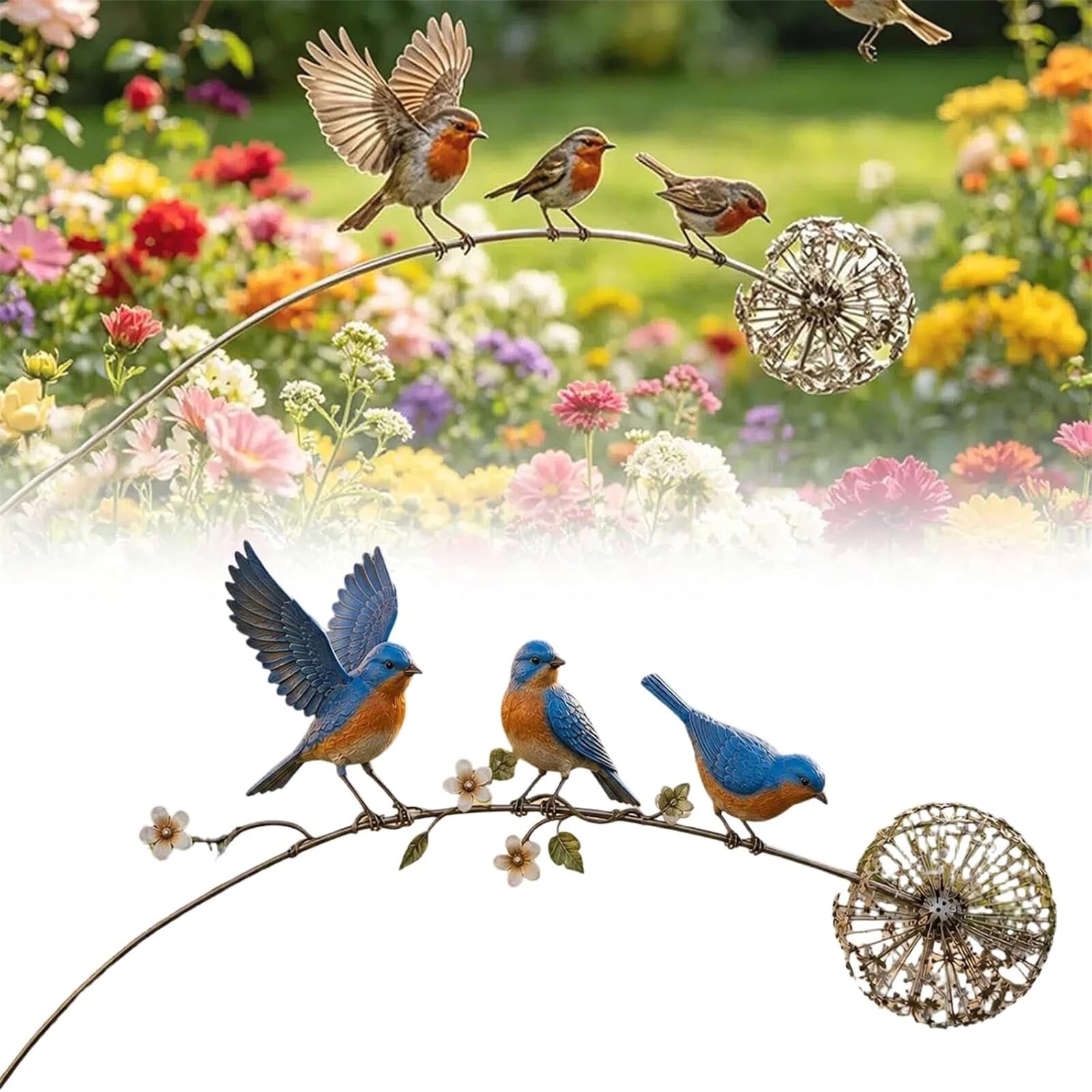 einnenffer Robin Garden Stake, Rustic Robin Bird Yard Art Decorations,Metal Robins Bird Garden Sculpture With Dandelion For Lawn Patio Flower Bed Walkway，A