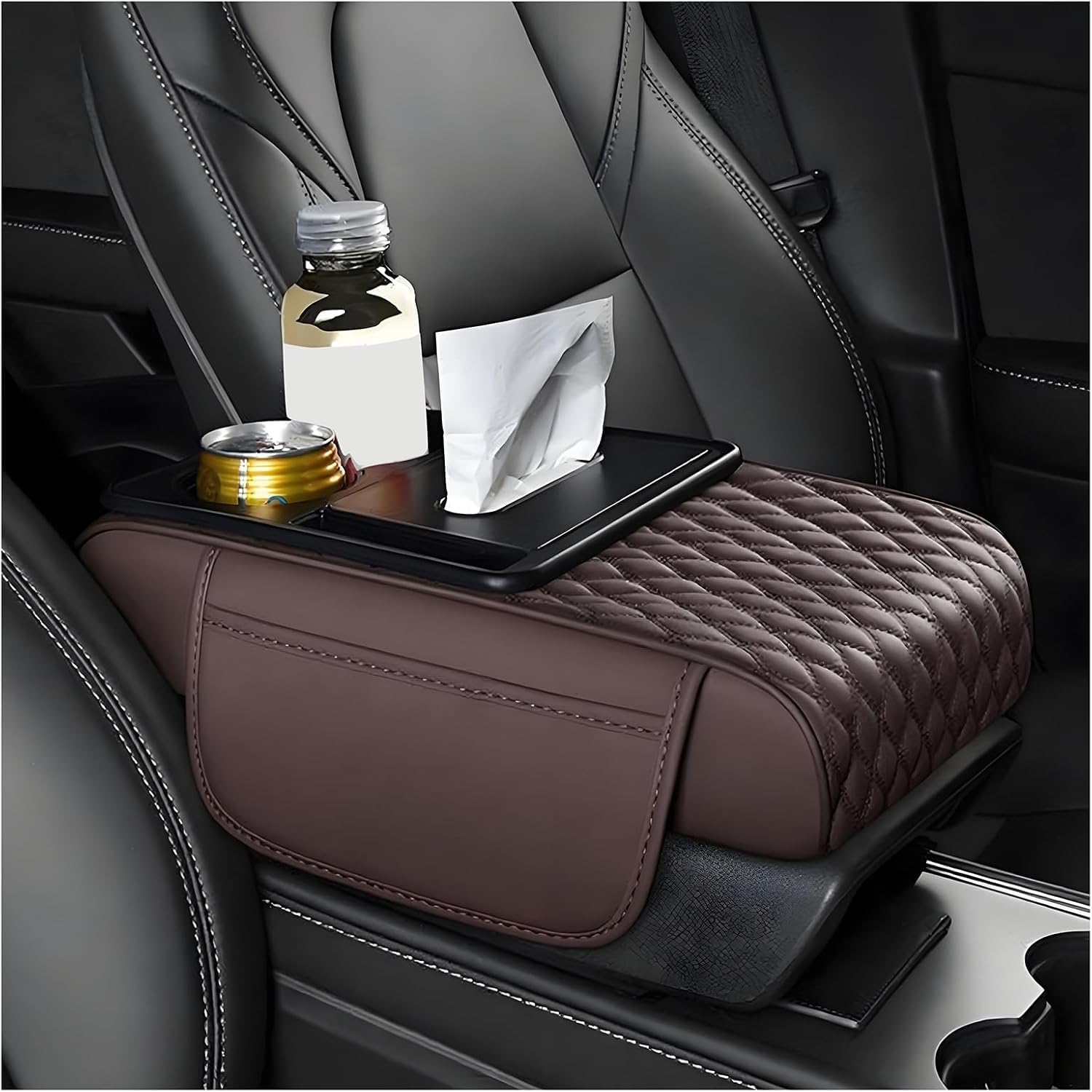 RLOPWAD Car Armrest Cushion for Civic Accord Insight CR-V Pilot Passport HR-V Odyssey Ridgeline, Multi Functional Console Box Pad with Tissue Holder Cup Tray and Storage Pockets,normal-B-coffee