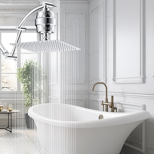 Miniatura 9 de Hibbent Alcachofa de ducha con filtro de lluvia de metal, cabezal de ducha de alta presión de 10 pulgadas con brazo de extensión de cabezal de ducha