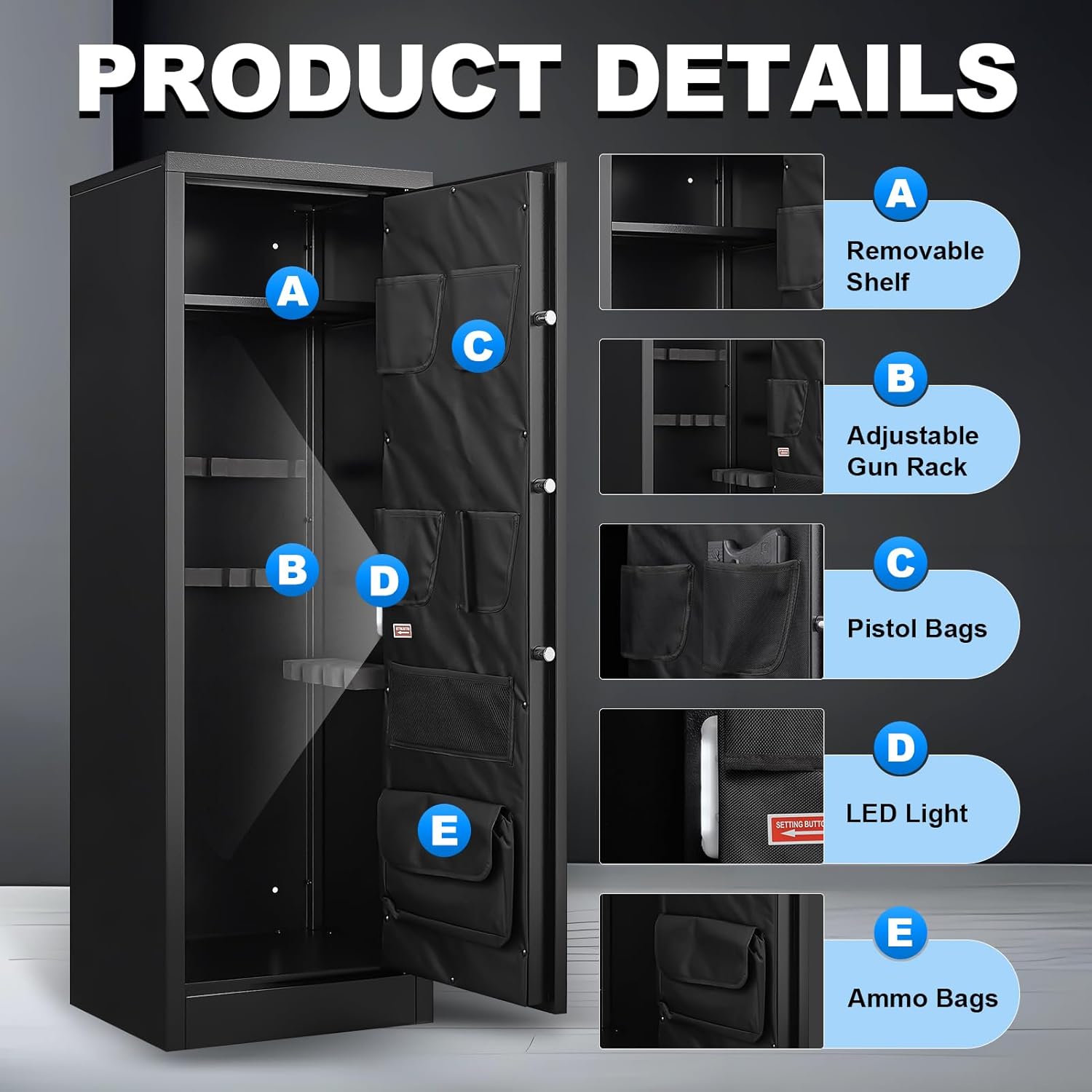 Marcree Electronic 8-12 Gun Safe interior showing removable shelf, adjustable gun rack, pistol bags, LED light, and ammo bags