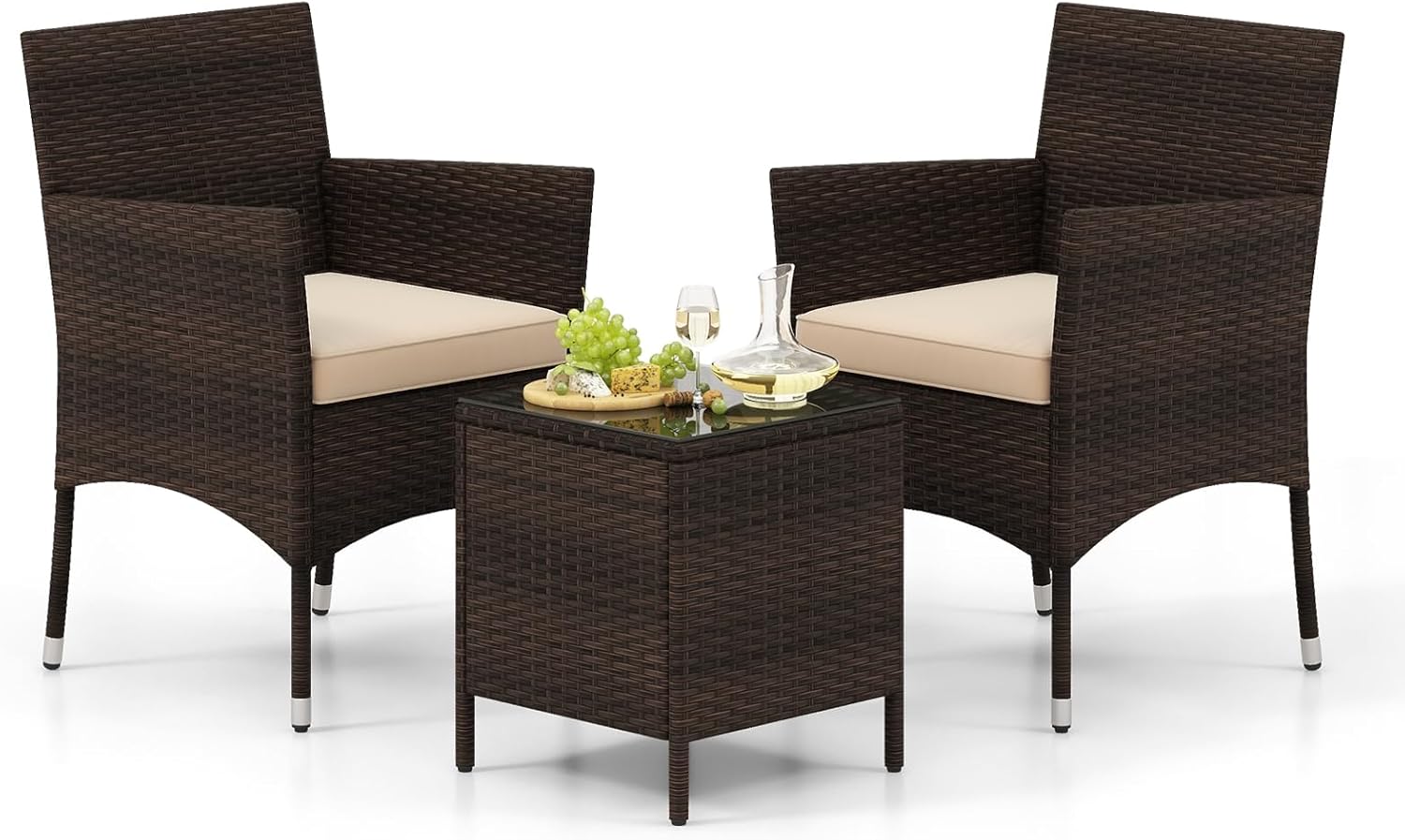 Tangkula 3 Pieces Patio Rattan Furniture Set, Outdoor Conversation Set with PE Wicker Armchairs, Tempered Glass Top Coffee Table, Soft Removable Cushions, for Porch Garden Yard Balcony (Navy)