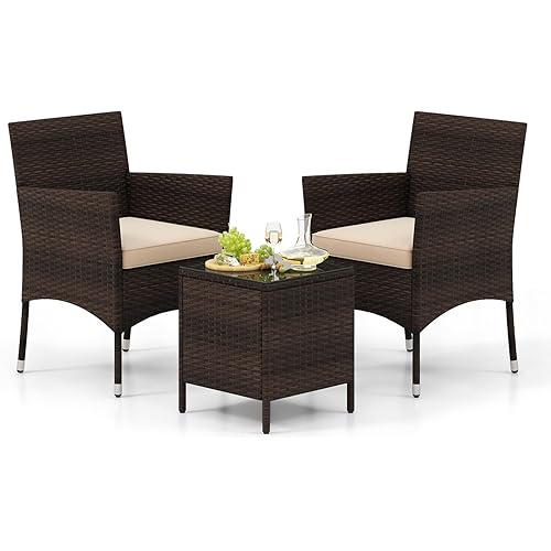 Tangkula 3 Pieces Patio Rattan Furniture Set, Outdoor Conversation Set with PE Wicker Armchairs, Tempered Glass Top Coffee Table, Soft Removable Cushions, for Porch Garden Yard Balcony (Beige)