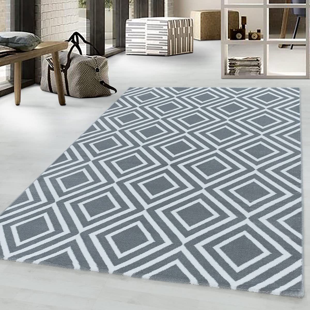 Tapis losanges gris design 120 x 170 cm salon chambre salle à manger