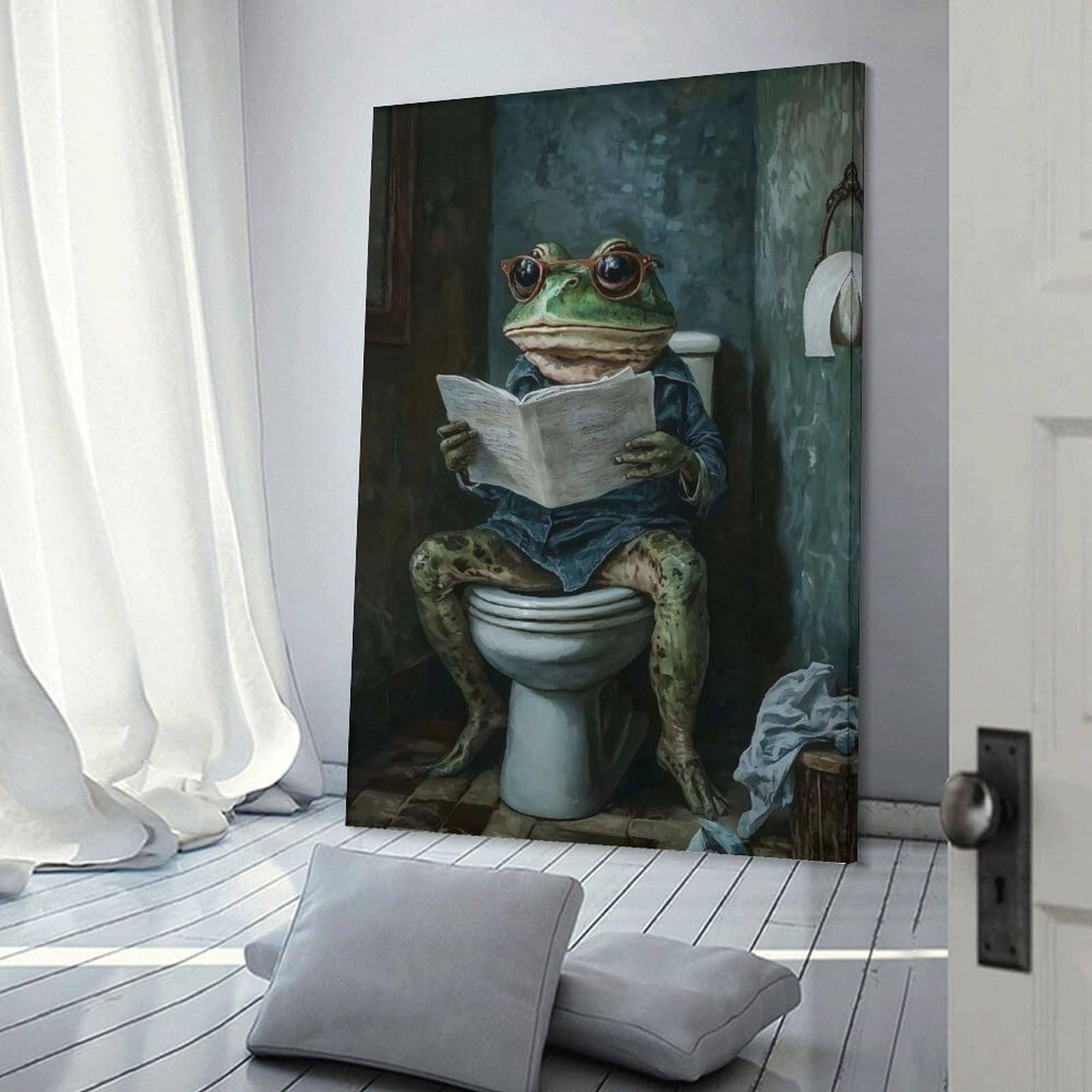 Junmoney Frame-Style-13 Frog Toilet Newspaper Hanging Wall Art, 20X30inch(50X75cm), For Gallery Wall Decor And Room Displays, Home Wall Art For Statement Displays
