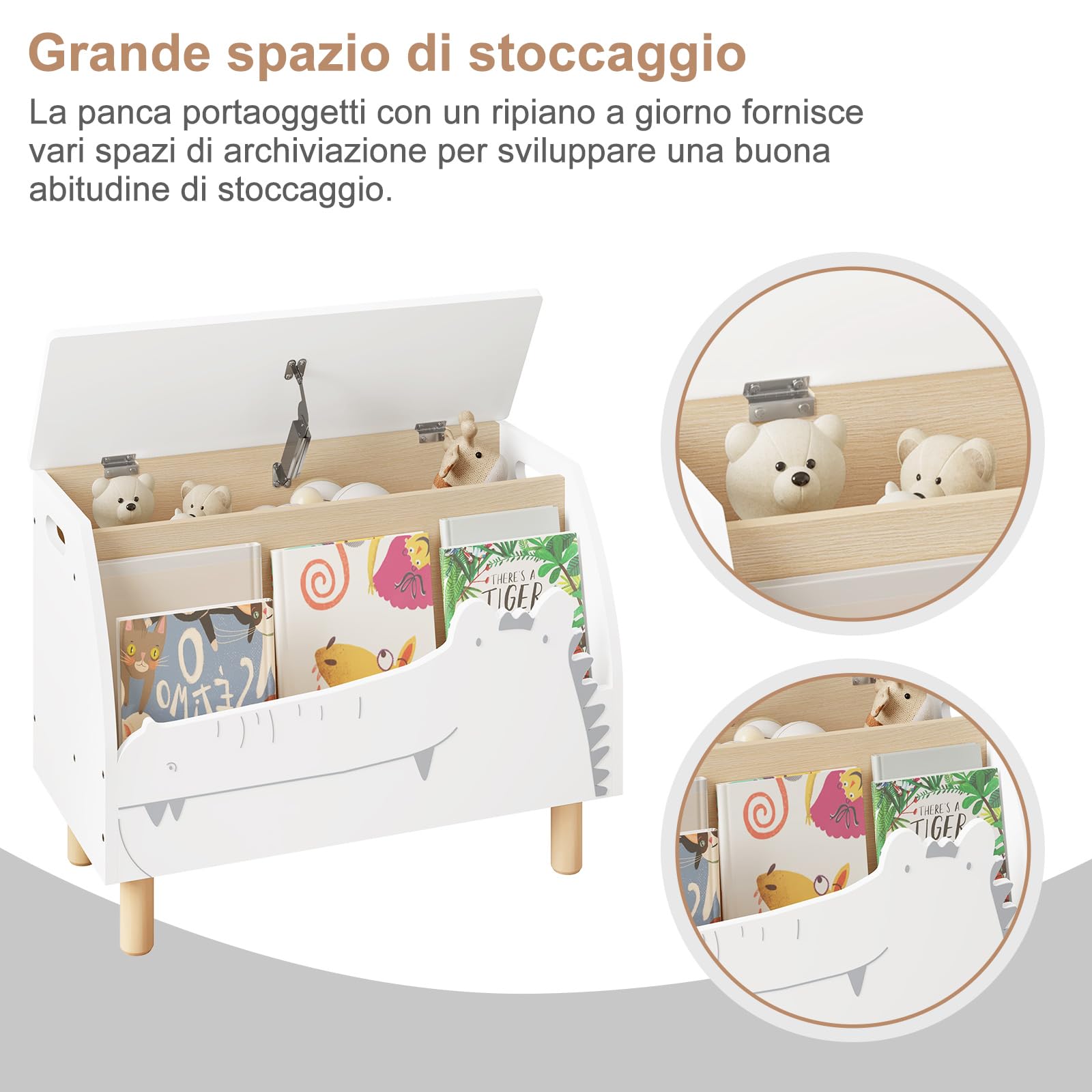 WOLTU Panca Contenitore per Bambini, Contenitore Porta Giocattoli in Legno a Coccodrillo, Cassapanca con Scomparto Chiuso e Aperto, Bianco, 49,5x30x44,5cm