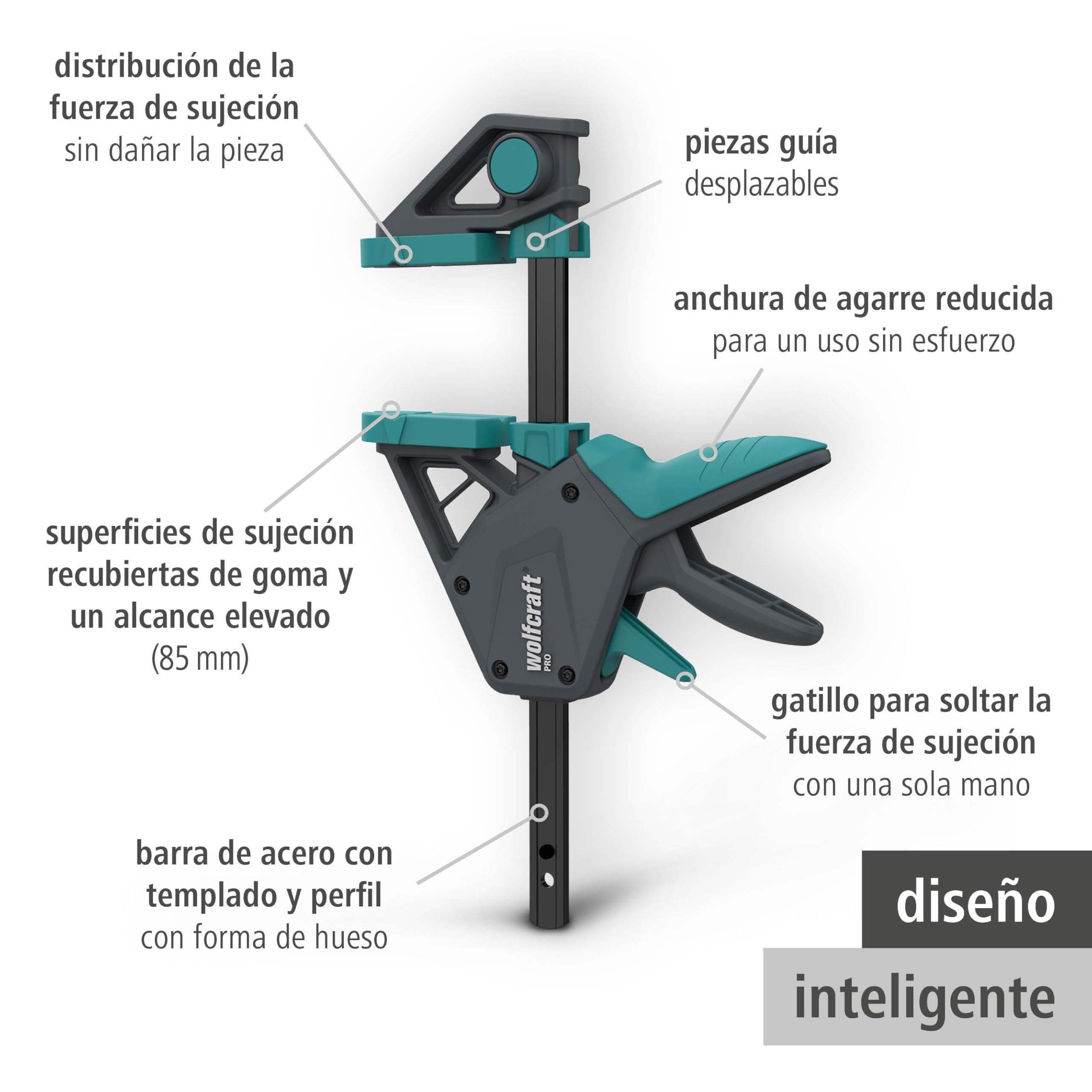 wolfcraft 2 Sargentos monomanual PRO - Fuerza de sujeción 150 kg - 8677060 - El cómodo sargento para todo tipo de usos - ancho de sujeción 700mm