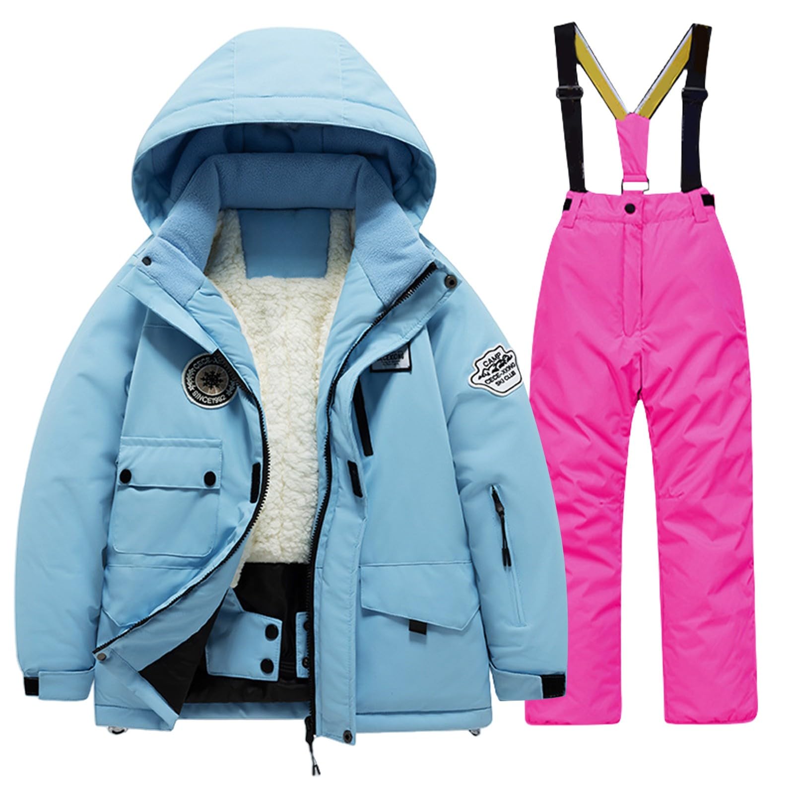 Kinder Kaputze Skianzug Schneeanzug Mädchen Junge Verdickte Fleecegefüttert Warme Skijacke + Skihose 2 Teilig mit Reißverschluss Wasserdicht Winddicht Skianzüge Daunenjacket Skihosen Skianzug