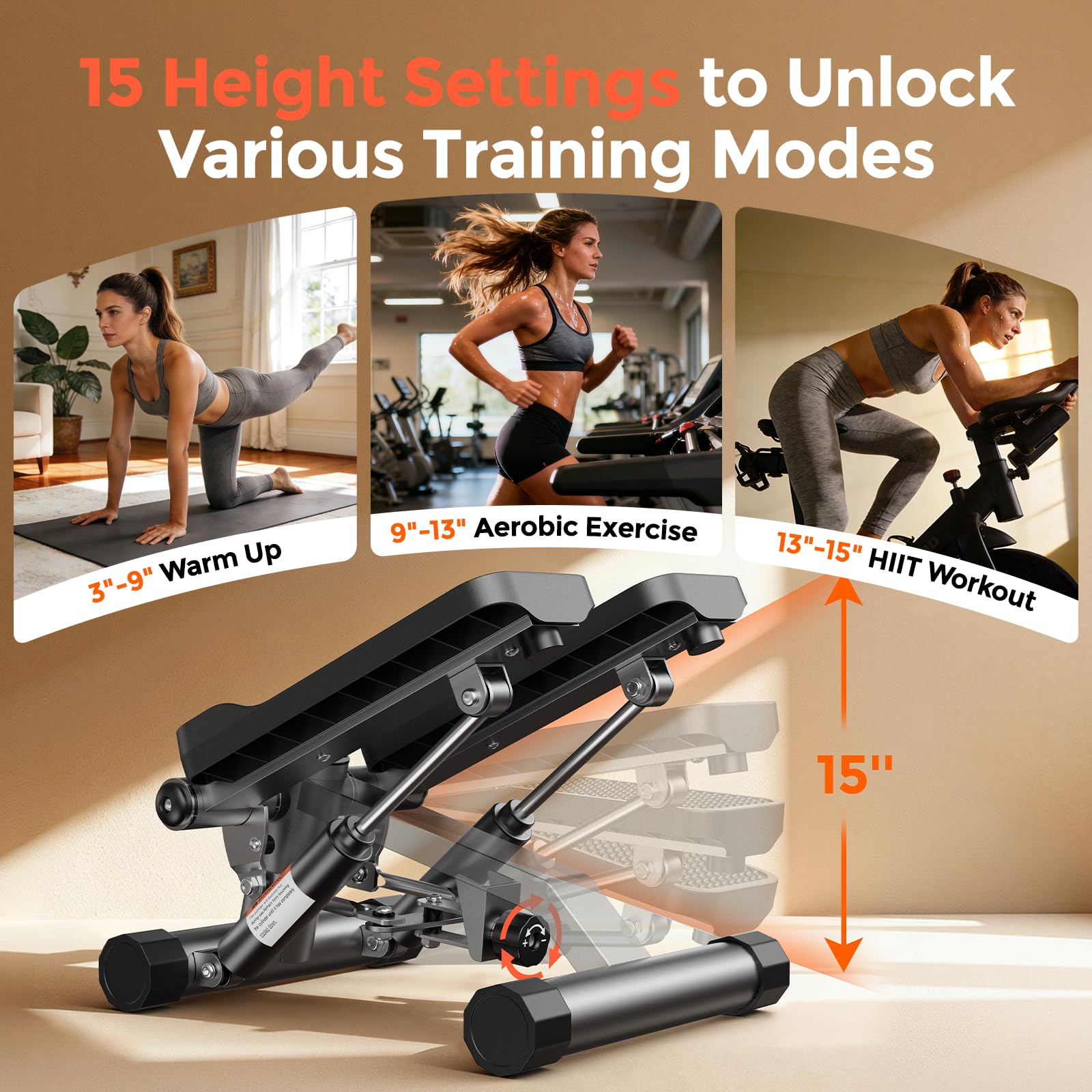 Sportsroyals Stepper Fitness 3in1 | Mini Stepper Fitness Casa con Bande di Resistenza + Monitor LCD, 150 kg (01-Improved Stepper)