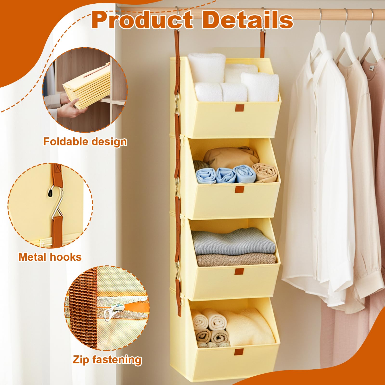 Étagère de Penderie à Suspendre, 4 Niveaux Étagère Suspendue Pliable pour Placard avec Crochets Métalliques Gain de Place Pliable Rangement Vêtements Organisateur Armoire Vetement