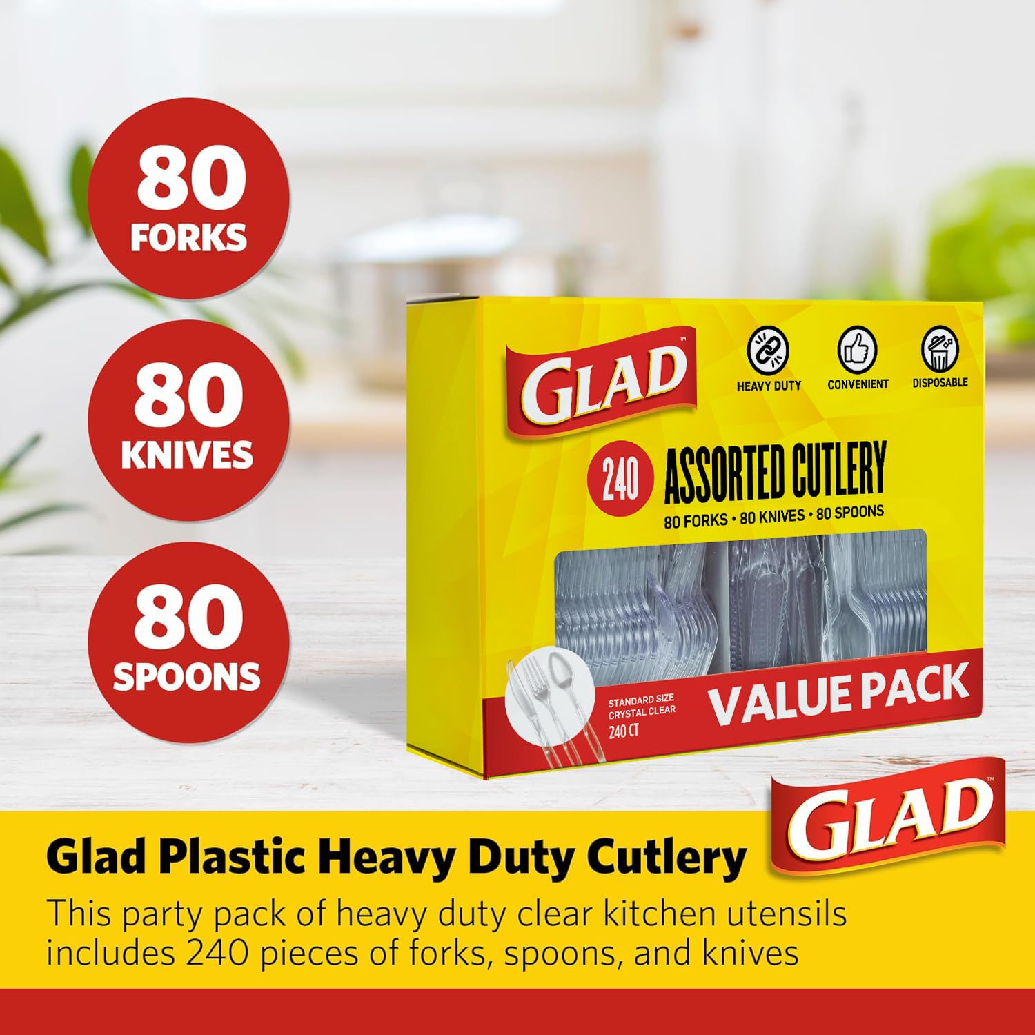 Glad Clear Disposable Cutlery Set, Forks Knives and Spoons, 240 Count — Amazon image 2