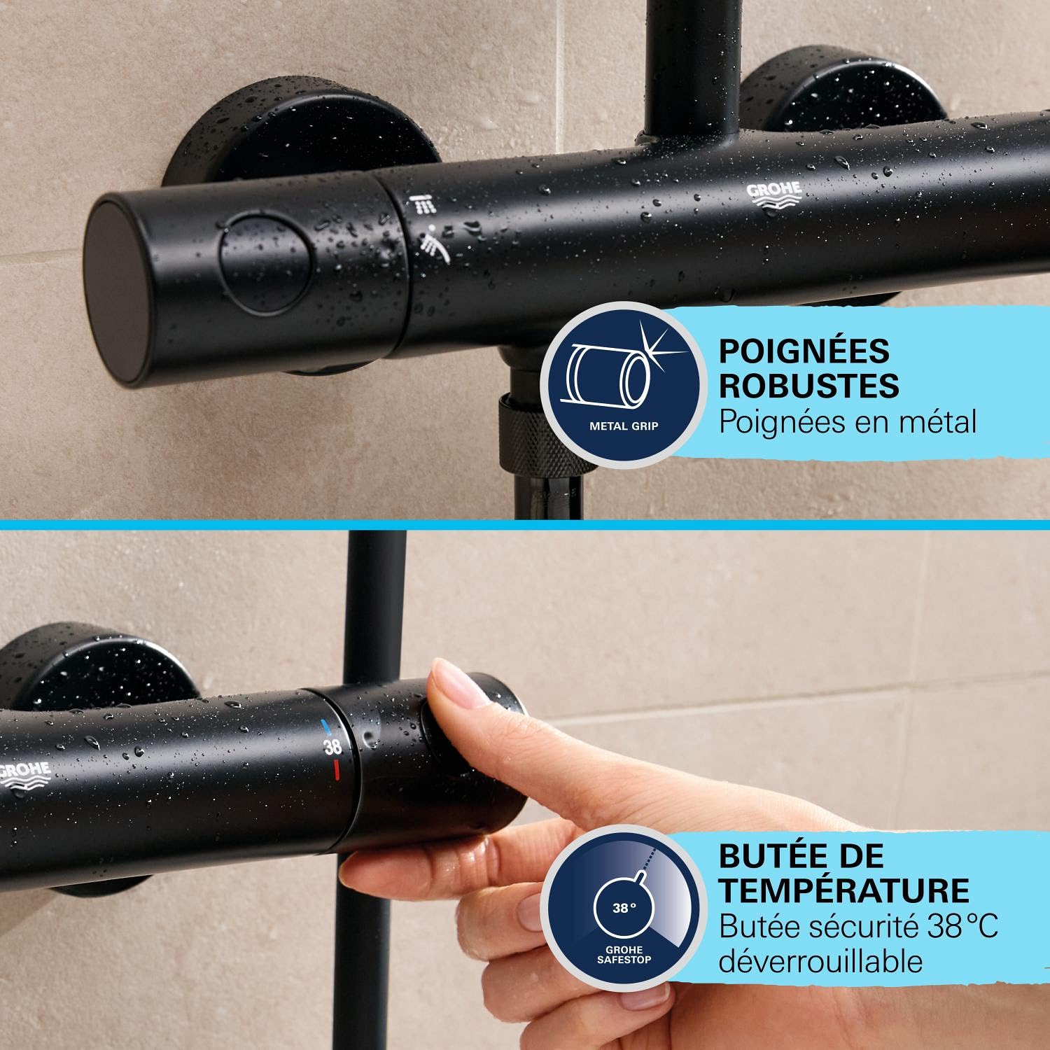 GROHE Vitalio Comfort 250 Colonne de Douche avec Mitigeur Thermostatique, Douche de Tête Carrée 25cm 1 Jet, Douchette Carrée 11cm 2 jets, Flexible 1,75m, Economie d'Eau, Noir Mat, 266972431