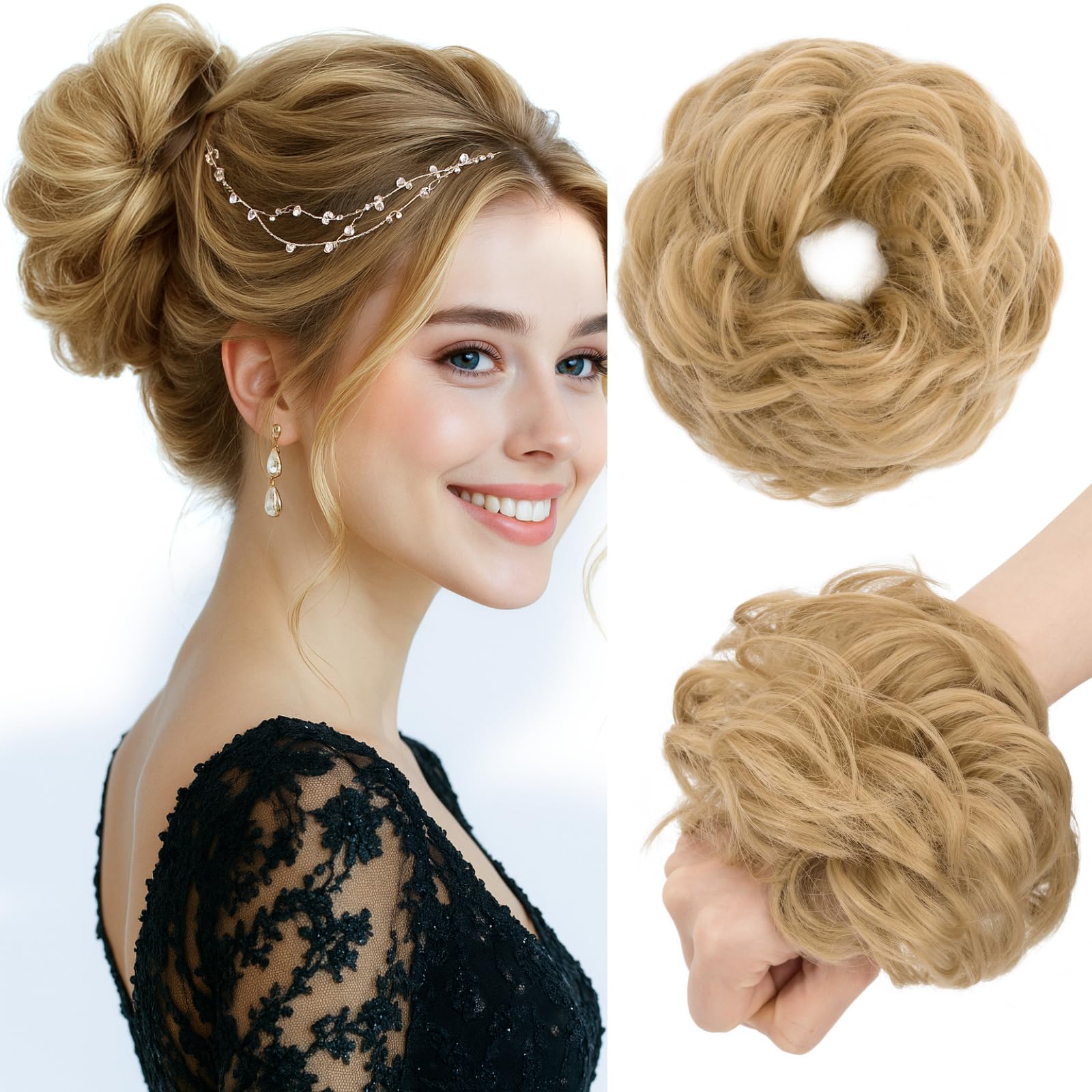 Benehair Messy Bun Hair Piece Curly Wavy Hair Scrunchies Messy Bun Scrunchie Synthetic Donut Updo Hair Pieces for Women Girls (Ash Blonde