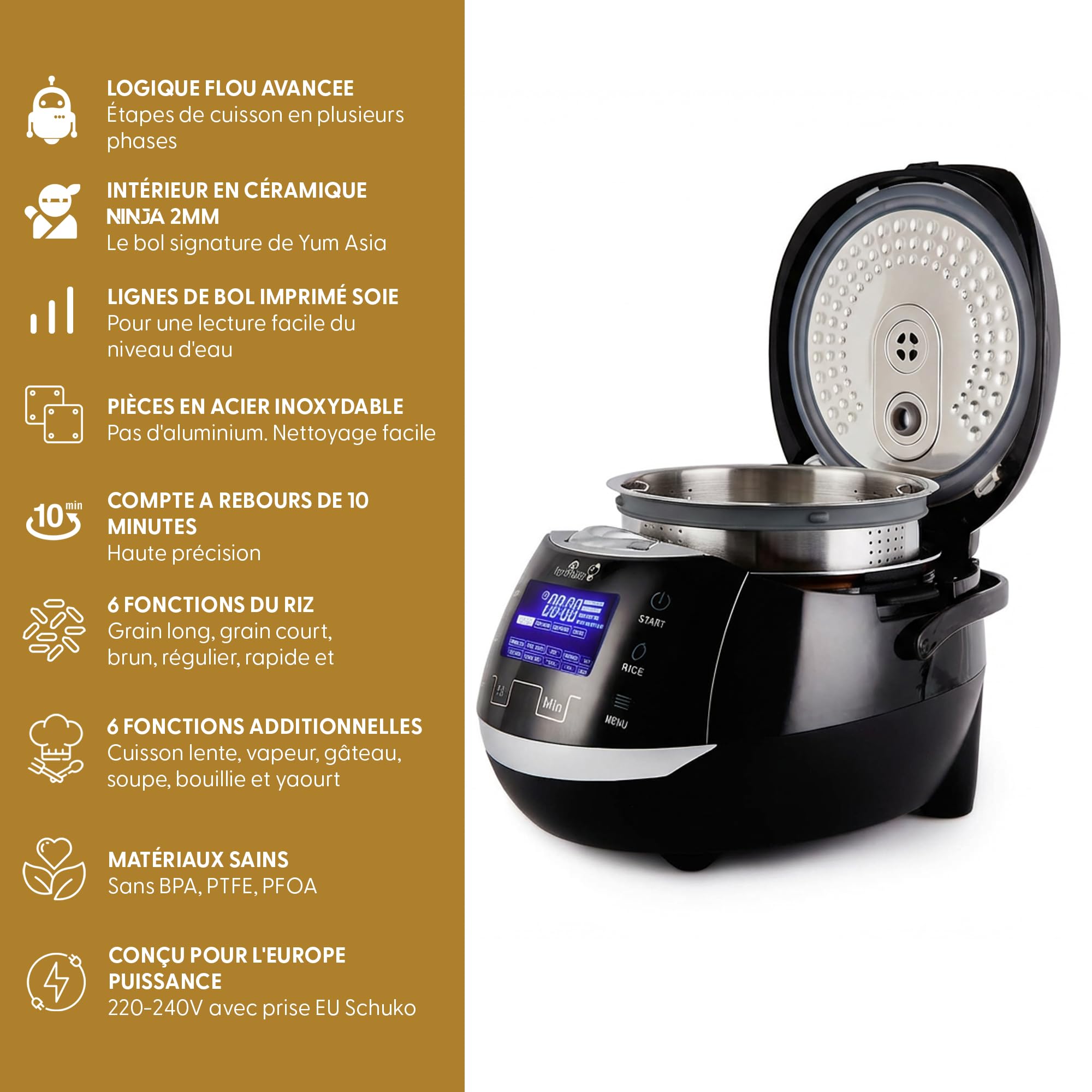 Yum Asia Sakura Cuiseur à riz avec bol en céramique et logique floue avancée, (8 tasses, 1,5 litre), 6 fonctions de cuisson du riz, 6 fonctions multicuiseur, écran LED Motouch, 220-240V