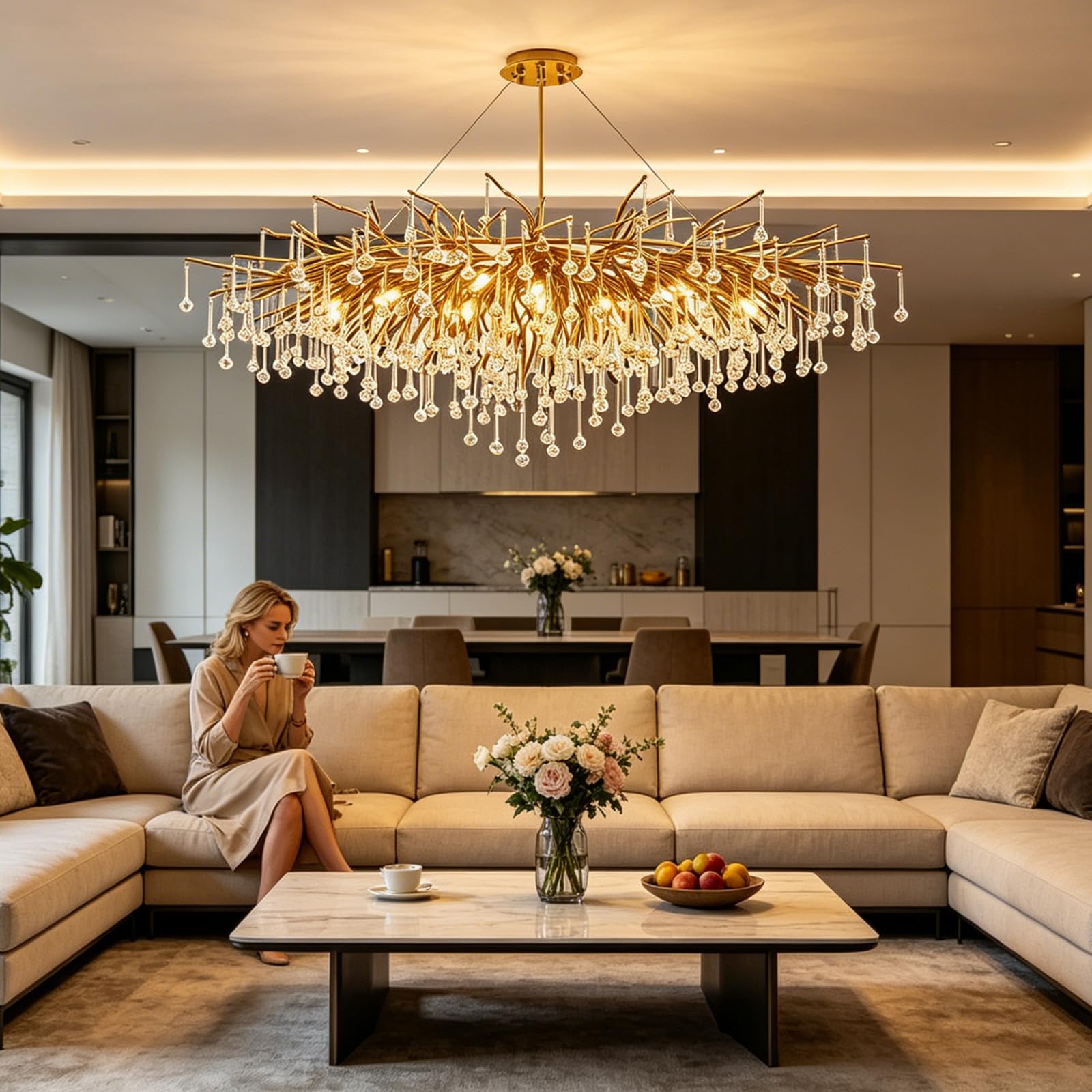 KXEcoLife Modern Crystal Tree Branch Chandelier, Art Deco Linear Rectangular Fixture with Raindrop Crystals, Large Luxus Indoor Lighting for Kitchen Islands, Living Rooms, Foyers,L120cm