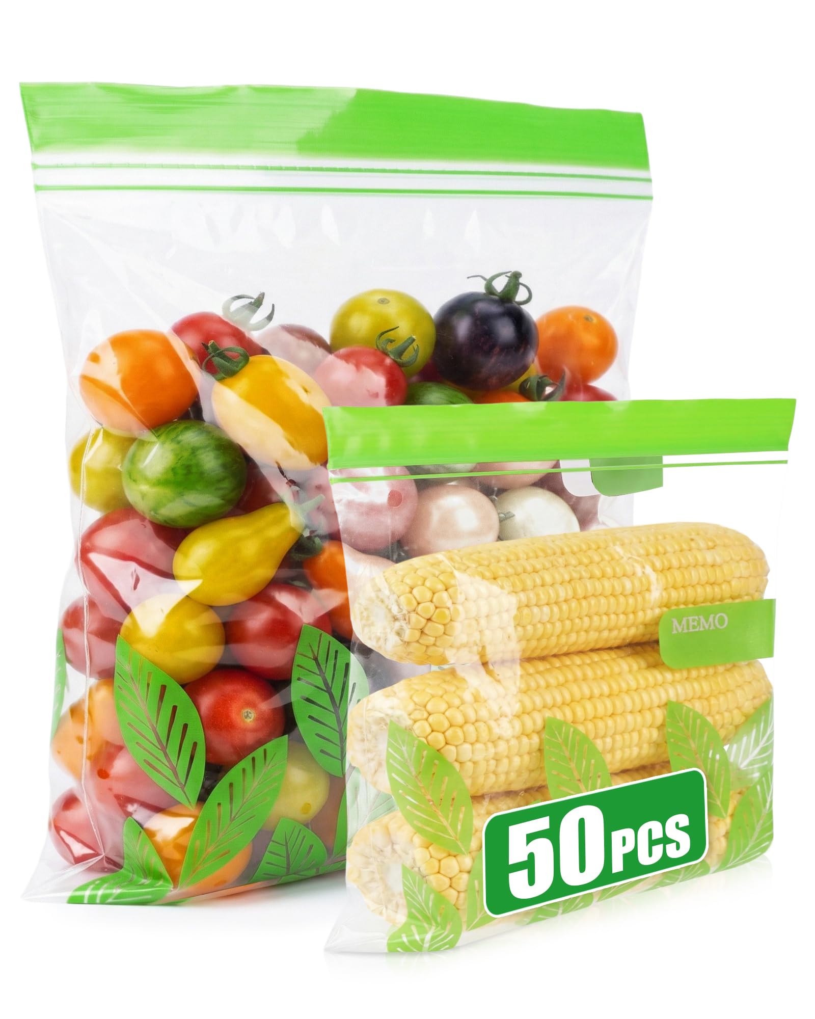 Acual Food Storage Freezer Bags 50PCS, Zip Lock Bags with Double Seal, PE Food Grade Sandwich Bags with Writable Area & Stand Up Bottom, Leakproof for Meat, Fruits, Vegetables (Medium & Large)