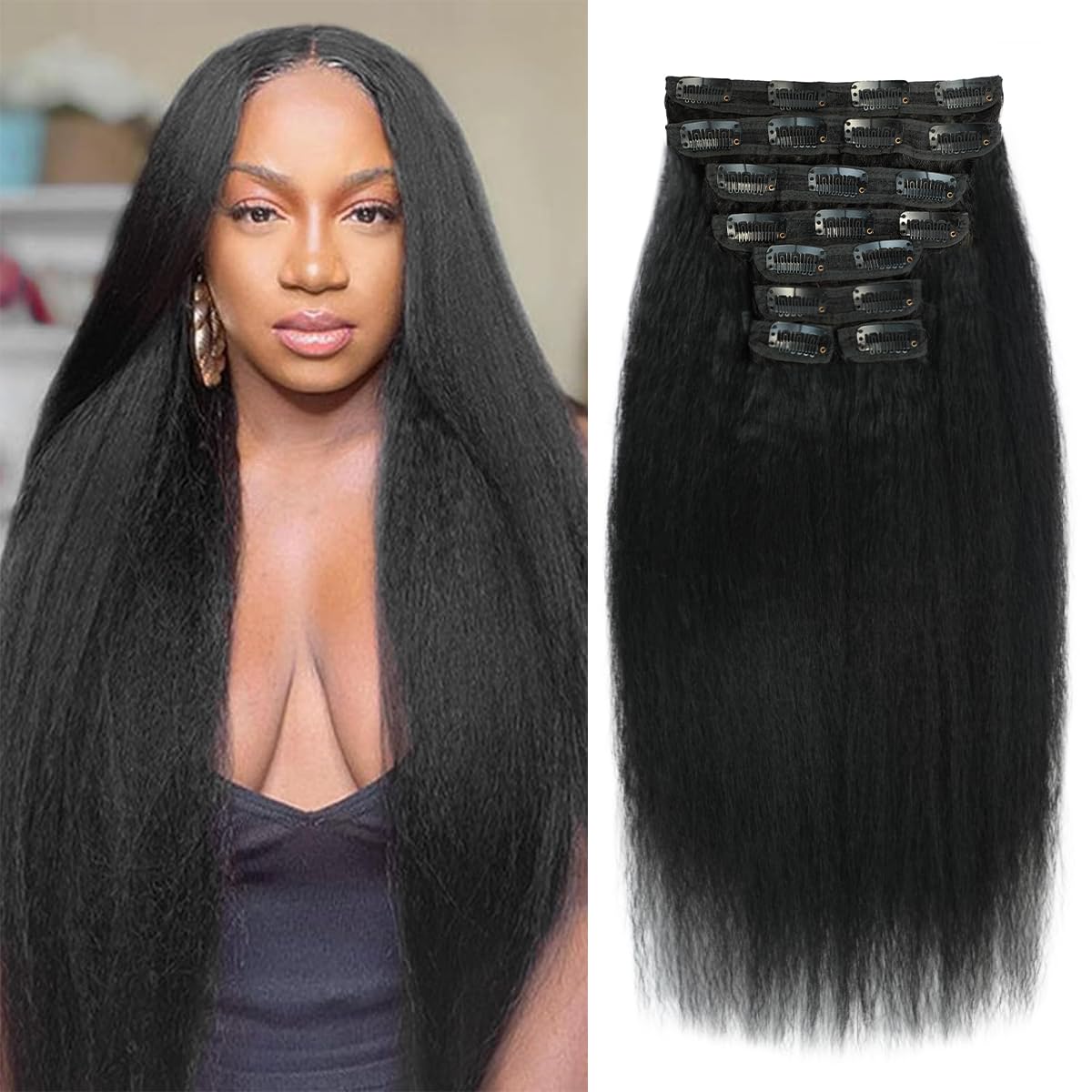 12 Inch Clip in Hair Extensions Real Human Hair Kinky Straight Clip ins For Black Women Remy Human Hair Extensions Natural Color 8pcs 20 Clips 110g/