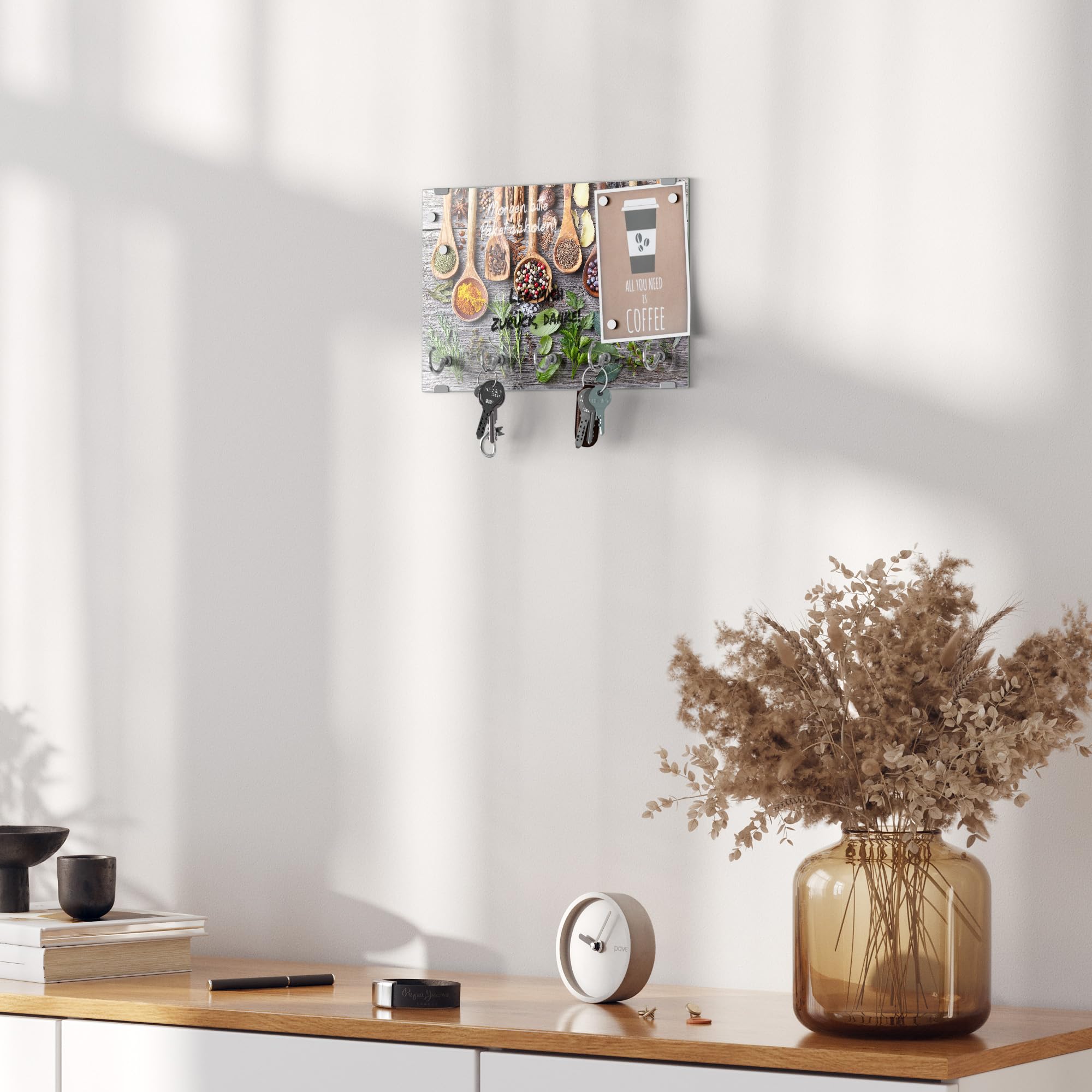 DEQORI Tablica na klucze ze szkła | motyw zdobiona łyżką kucharską | ok. 30 x 20 cm | z 5 haczykami, magnetyczna – nowoczesna szafka na klucze i uchwyt na klucze do korytarza, biura, kluczy i breloków
