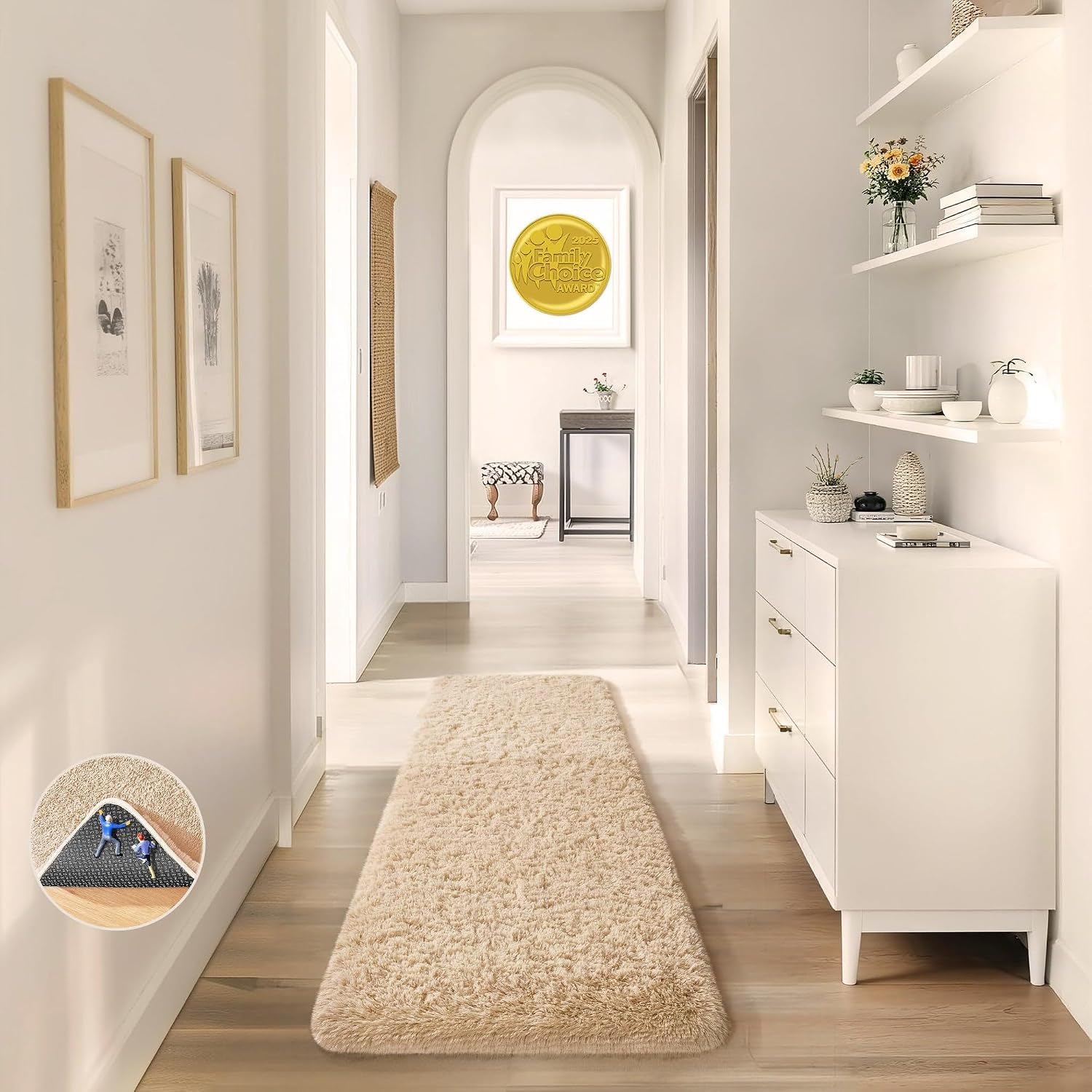 Ophanie Runner Rug for Hallway, 2x6 Upgrade Non-Slip Fluffy Soft Bedside Rugs, Bedroom Living Room Beige Shaggy Carpet for Kids Girls Boys Dorm Nursery Home Decor Aesthetic