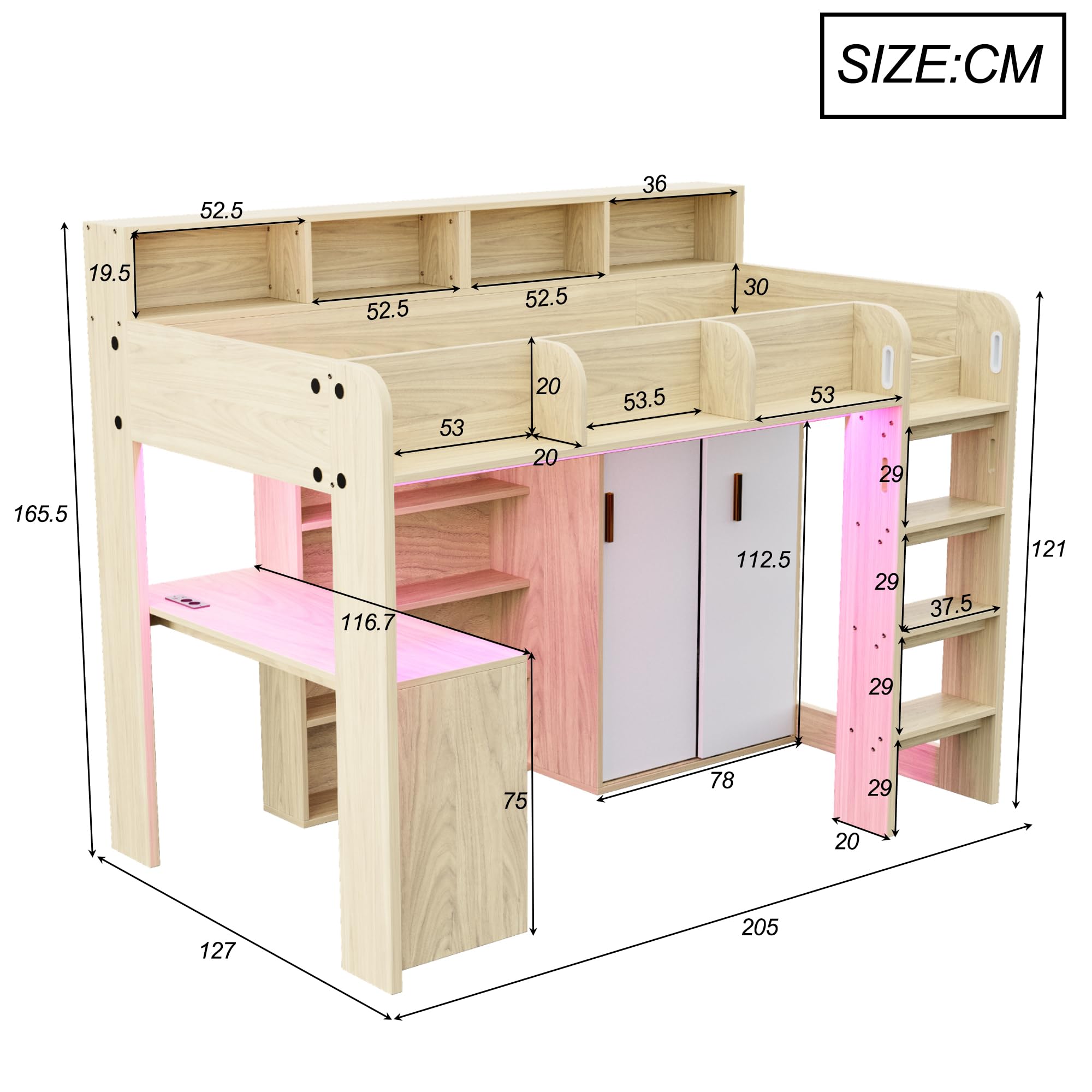 Dolamaní Łóżko dziecięce piętrowe 90 x 200 cm, z biurkiem, szafą na ubrania, regałem, schowkami i oświetleniem LED, dla młodzieży, chłopców / dziewczynek, bez materaca (kolor drewna B)