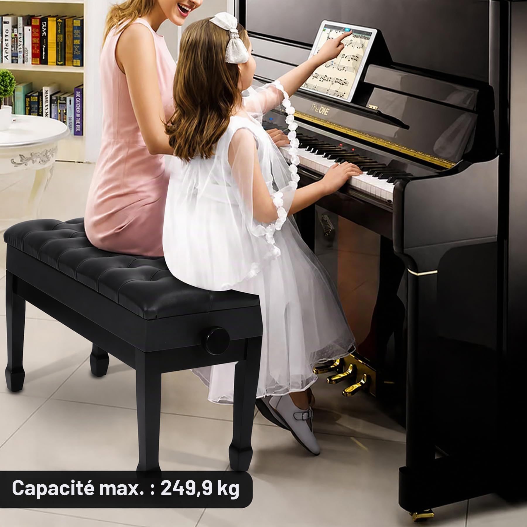REDCAMP Grand Banc de Piano pour 2 Personnes - Hauteur réglable de 50 à 59cm - Surface d’Assise du Clavier en Bois 80 x 35 cm - Tabouret de Piano avec Coussin de Rangement en Cuir PU épaissi, Noir
