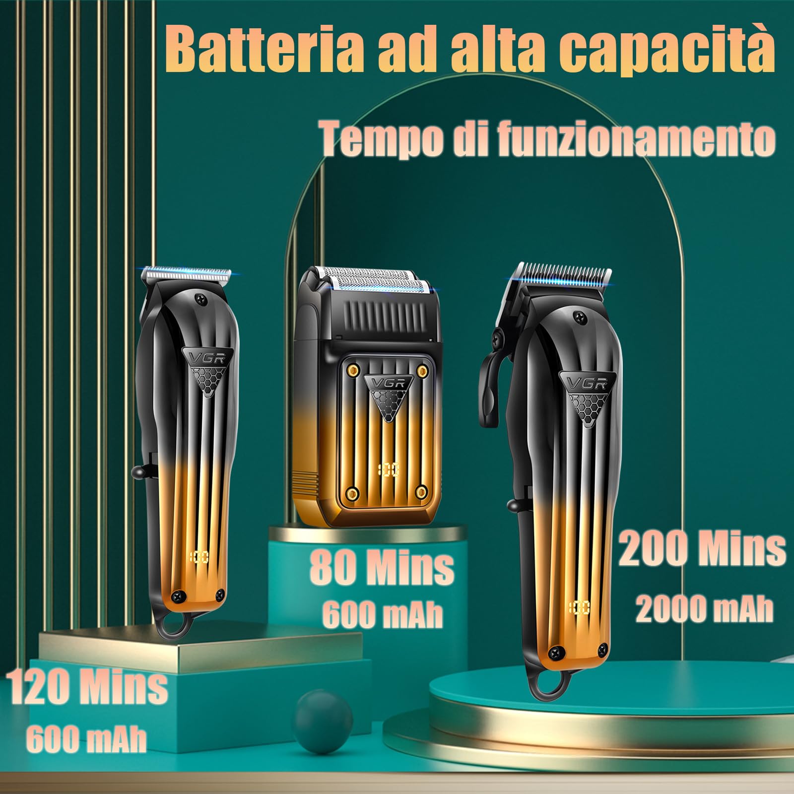 VGR 644 Tagliacapelli Professionale per Uomini, Tondeuse per Barba Senza Fili & Rasoi Elettrici, Kit di Taglio per Barbiere Ricaricabile da 3 Pezzi con Display LED