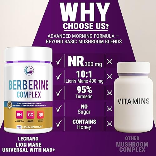 Miniatura 9 de LEGRANO Suplemento de berberina de 500 mg con canela de Ceilán, ALA y cromo, complejo de berberina para el metabolismo de la glucosa y el apoyo
