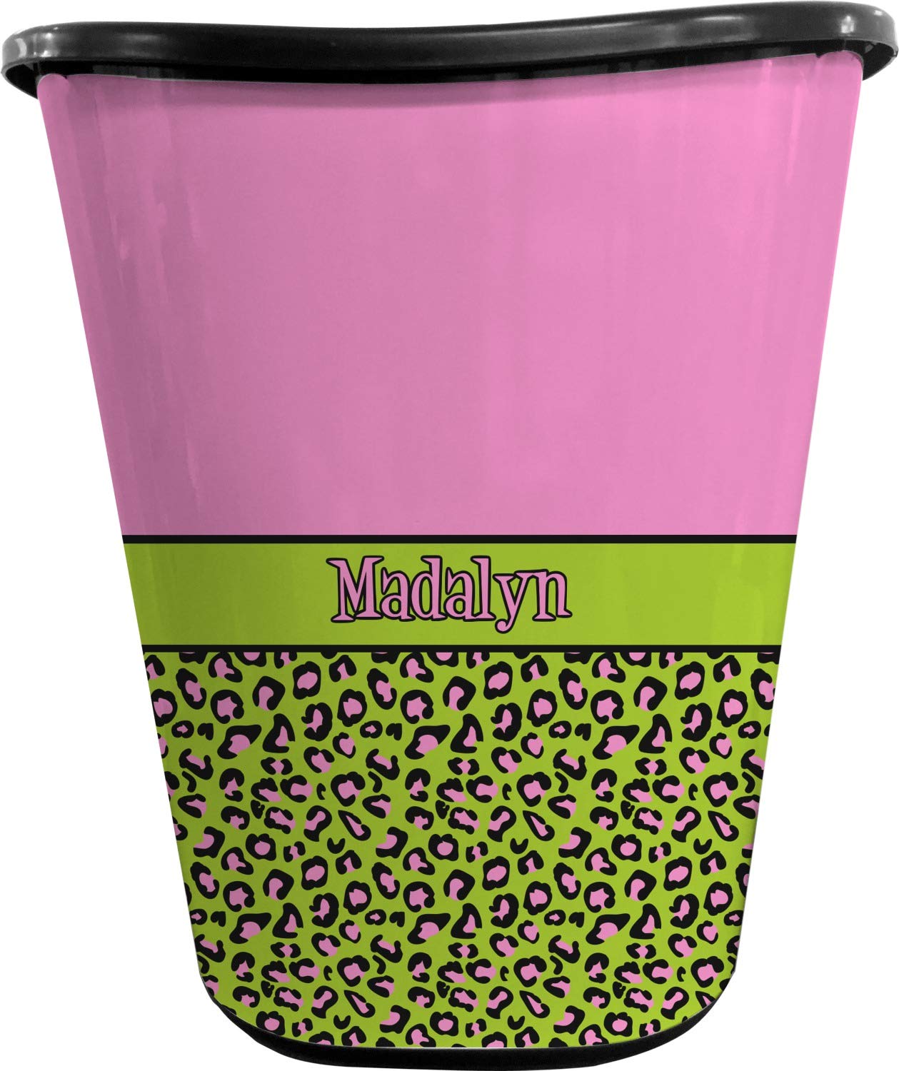 RNK Shops Personalized Pink & Lime Green Leopard Waste Basket - Double Sided (Black)