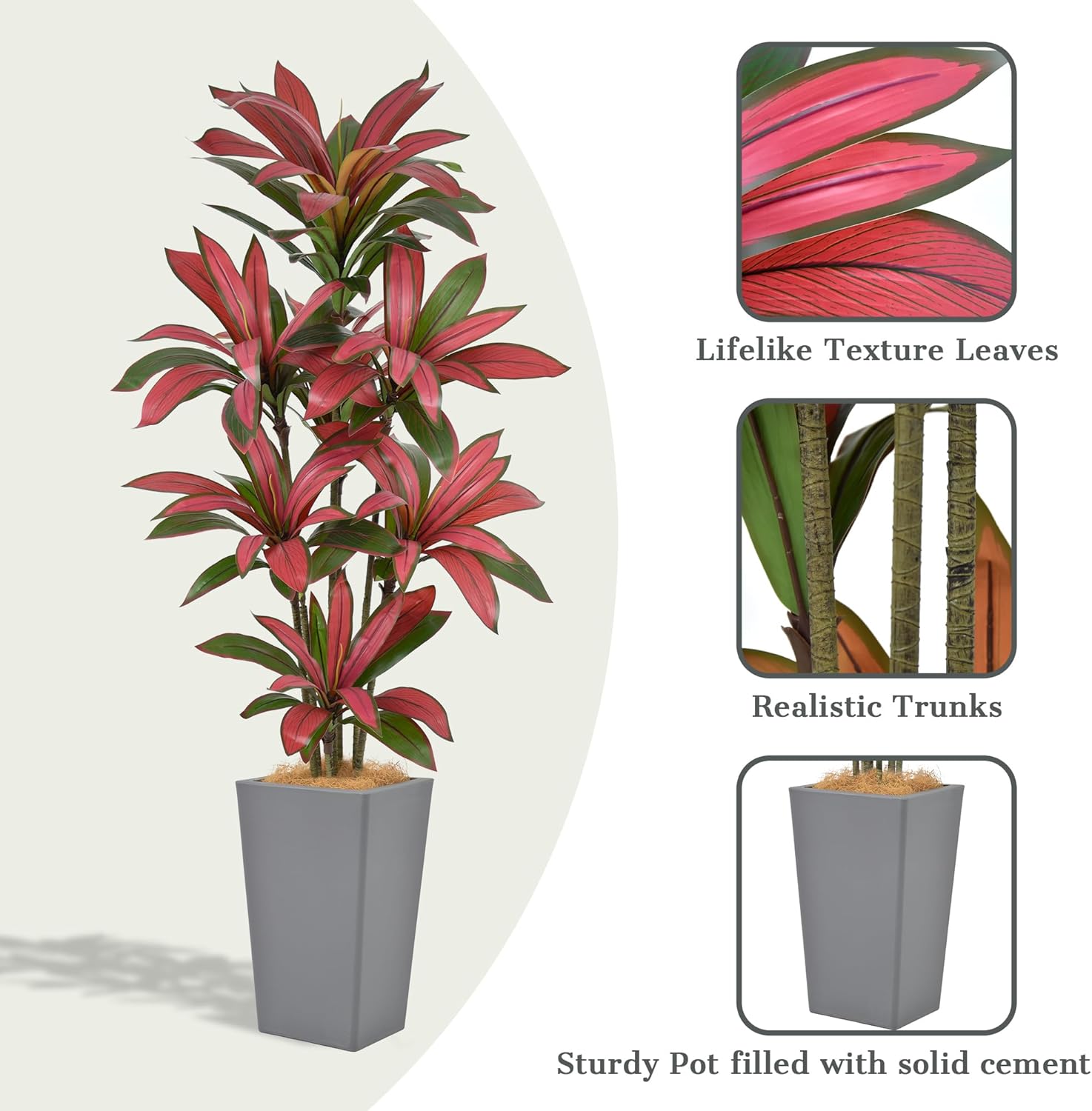 6FT Artificial Dracaena Tree - 72in Faux Dracaena Tree with Gray Planter, Realistic Trunk & Lifelike Red Foliages, Tall Fake Tropical Floor Plant Potted for Home Office Living Room Indoor Decor - Image 6