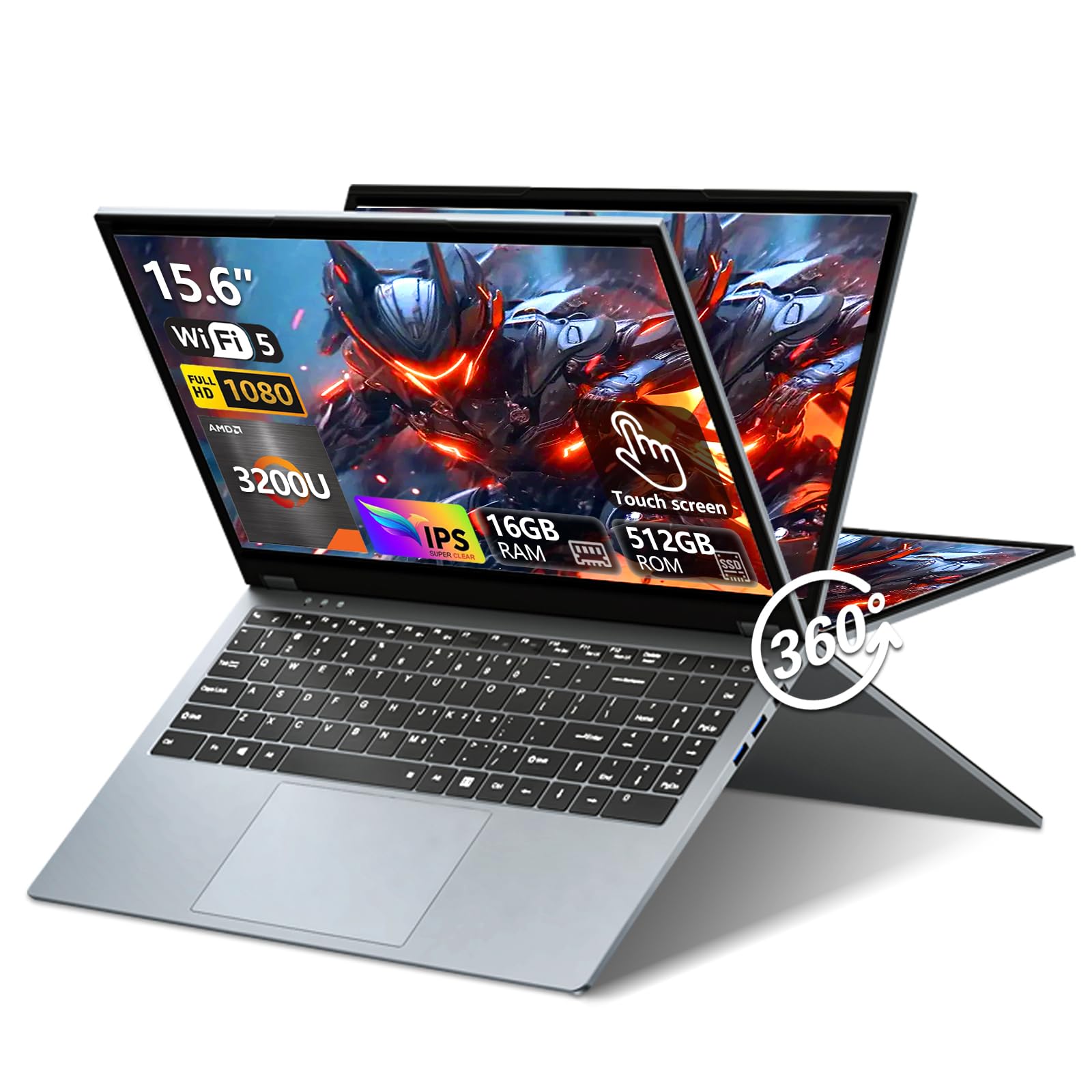 Ordinateur Portable 2 en 1, Windows 11, 15,6" IPS Tactile, AMD Ryzen 3 3200U, 16Go DDR4, 512Go SSD, AMD Radeon Graphics, RJ45+TypeC+Mini-HDMI